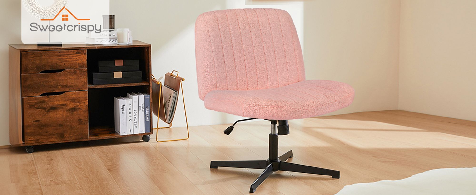 Sweetcrispy Bürostuhl Ohne Armlehne, Teddysamt und Bequemes Netzgewebe Schneidersitz Stuhl, mit Verbreitertem Sitzkissen Criss Cross Chair(Rose)