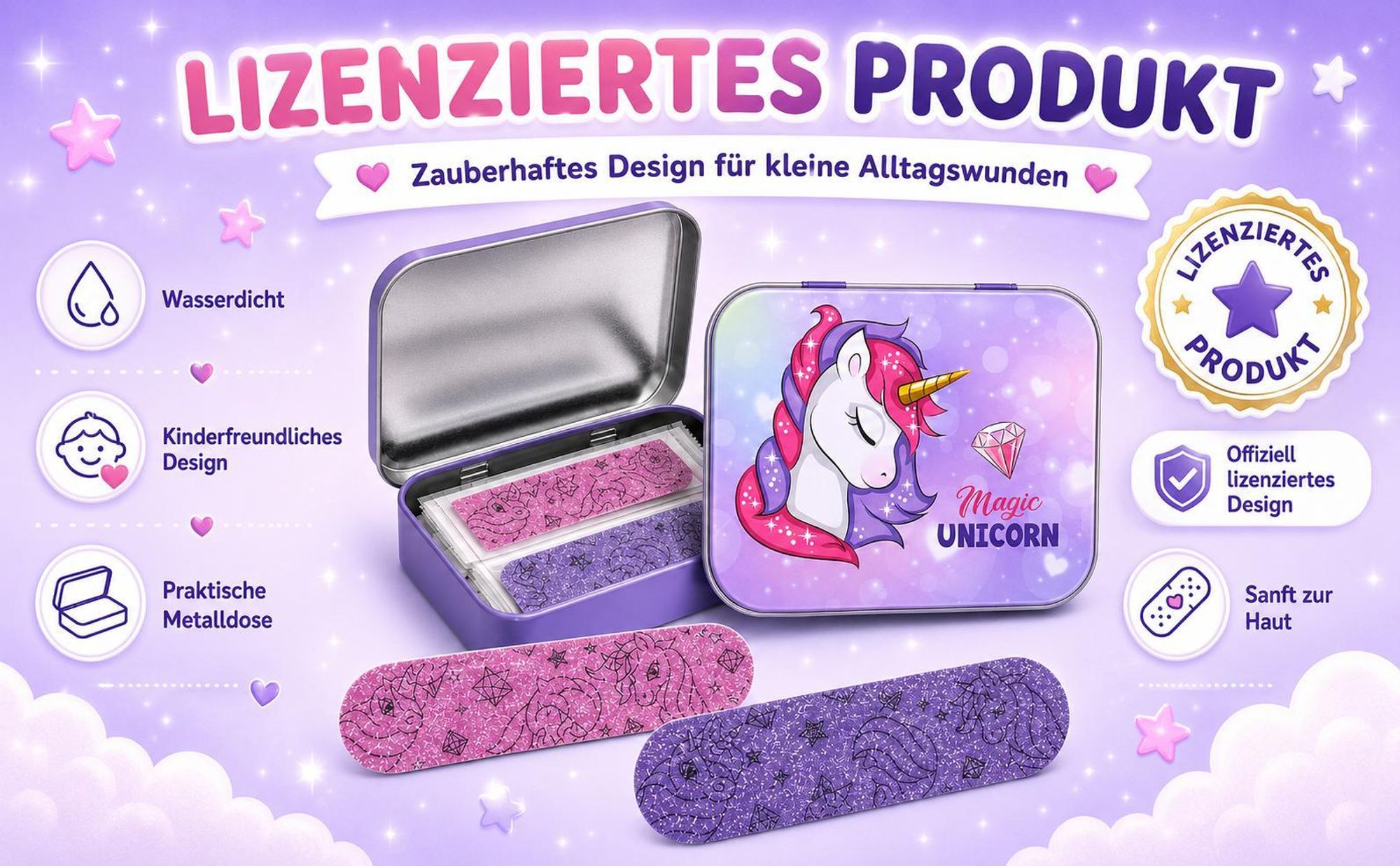 Unicorn Magic Kinderpflaster Lizensiertes Produkt - Metall-Box - 24 Pflaster - Schönes Design Pflaster Aufbewahrungsbox für Kinder - 1 Box