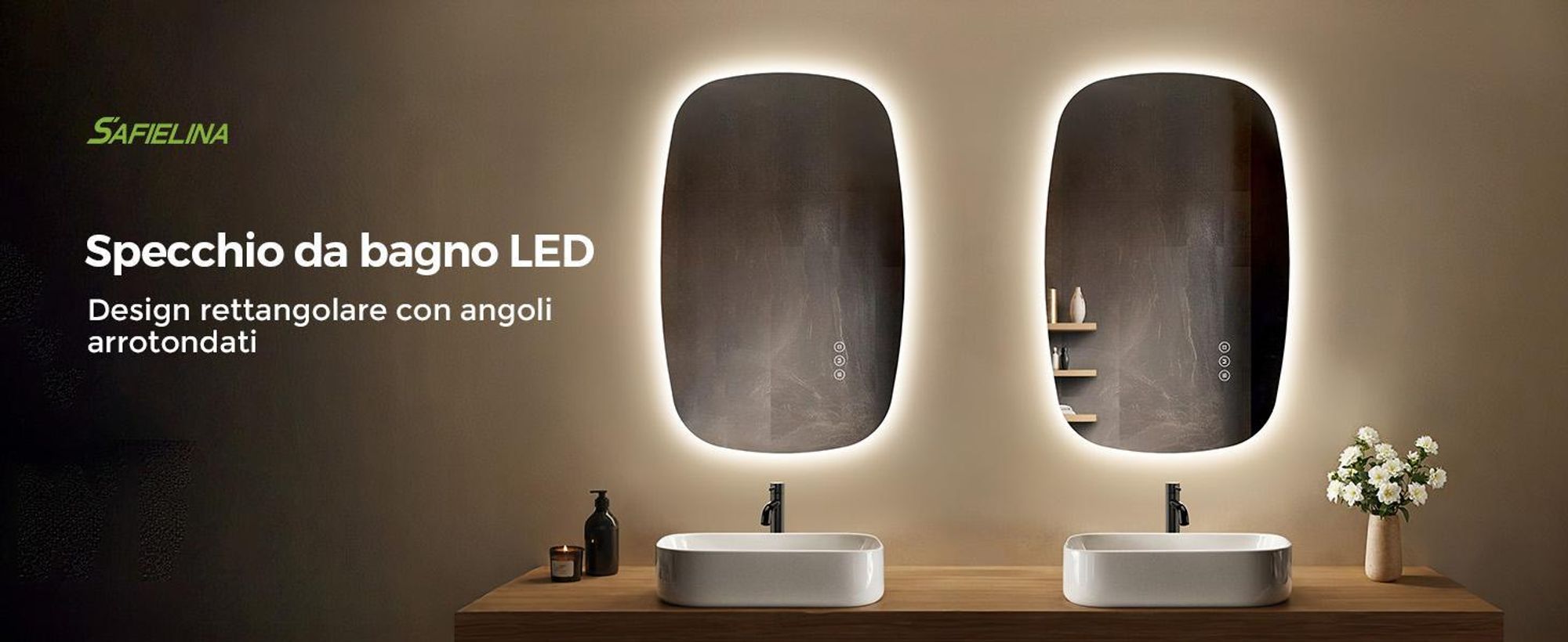 S'AFIELINA 80×50 cm specchio da parete LED - specchio da bagno con illuminazione, vetro HD, dimmerabile, LED a 3 colori, antiappannamento, appendibile in orizzontale e in verticale