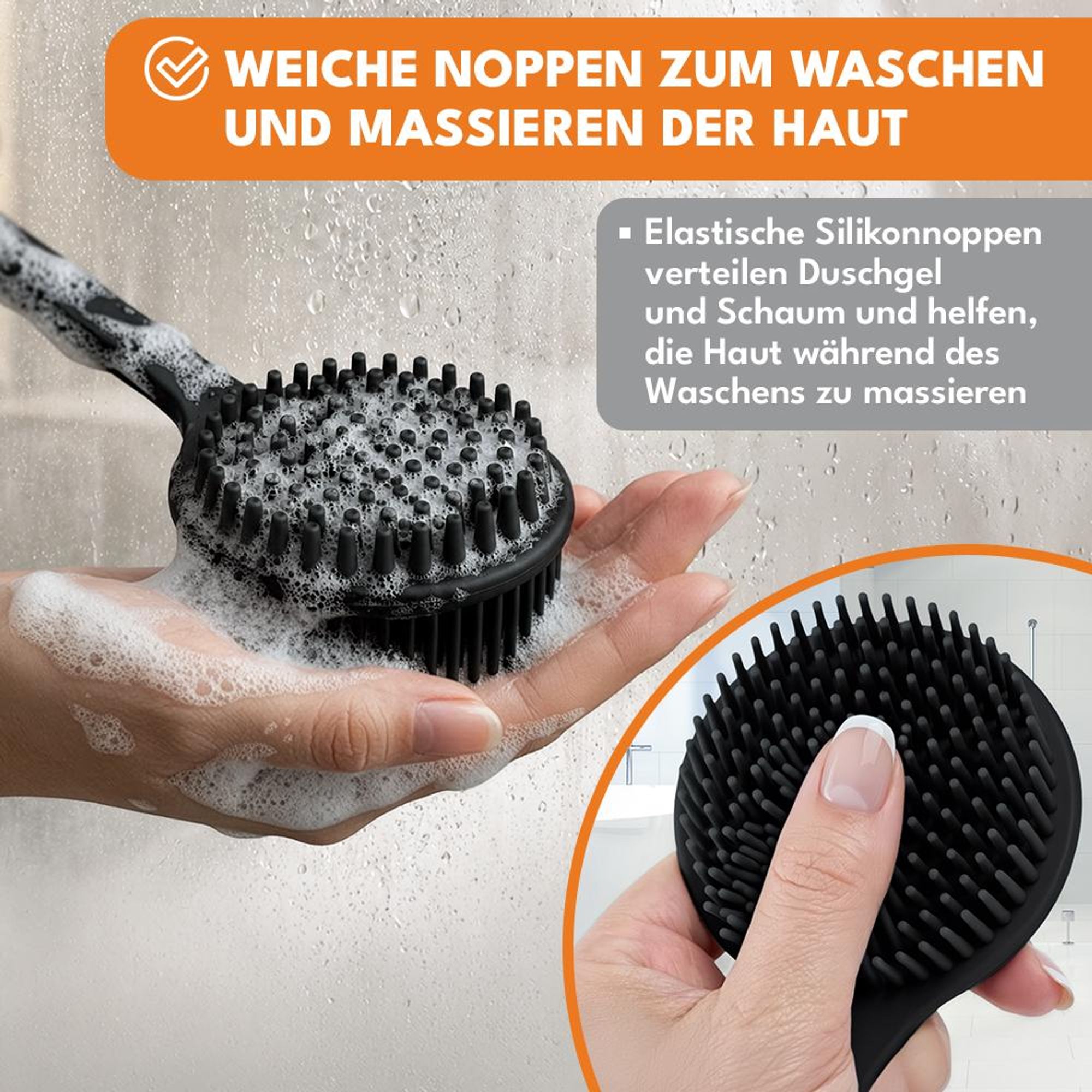KRUMAD Silikon Rückenbürste Dusche, Körperbürste mit langem Griff 37,4 cm, Duschbürste doppelseitig, Weiches Silikon, Massage und Reinigung Bad