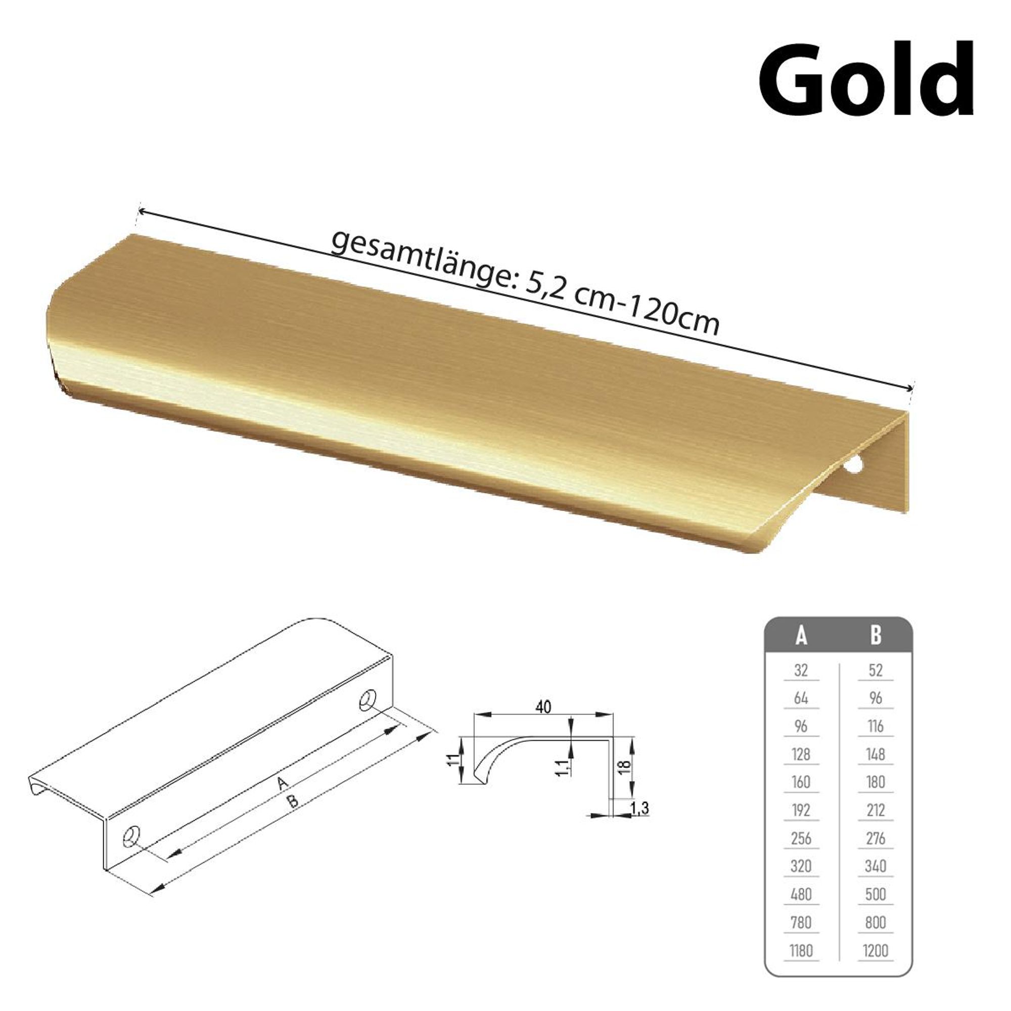 Aluminium Möbelgriff Griffleiste Gold gebürstet 180 mm (Bohrlochabstand 160 mm)