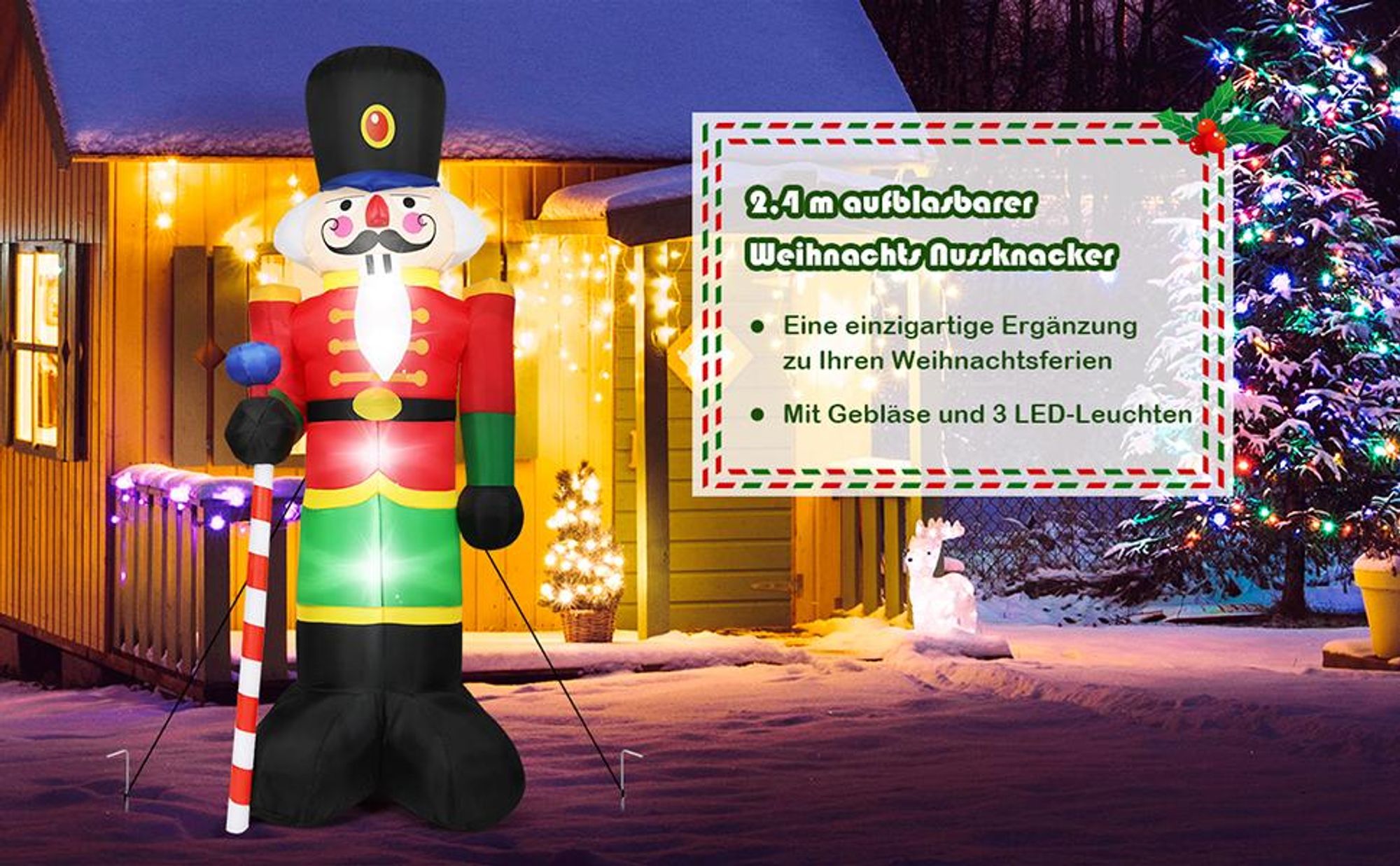 COSTWAY 240cm Nussknacker-Soldat aufblasbar, Weihnachtsmann Soldat, Weihnachtsdekoration mit 3 LED-Leuchten, Gebläse und Sandsäcke