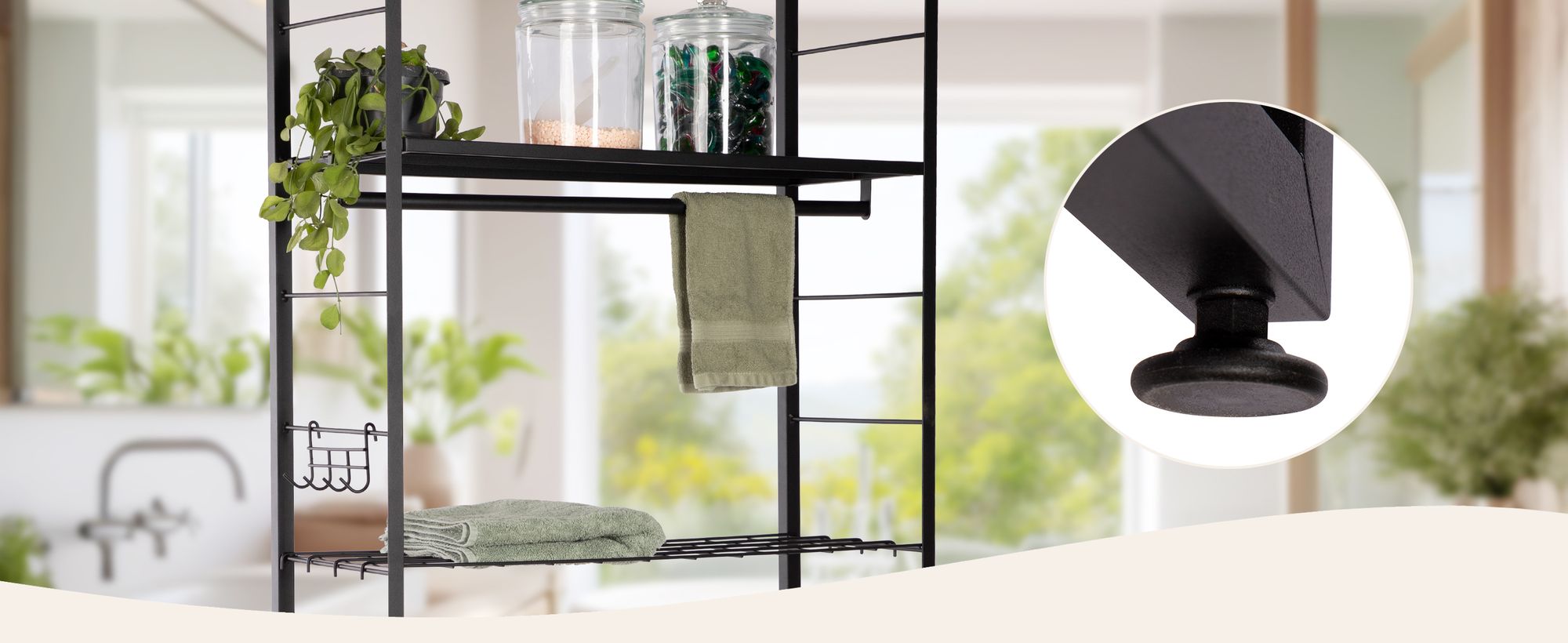 ONVAYA® Waschmaschinenregal ǀ schwarz ǀ mit Kleiderstange und 4 Haken ǀ ideal über Waschmaschine, Trockner oder WC ǀ Toilettenregal aus Metall