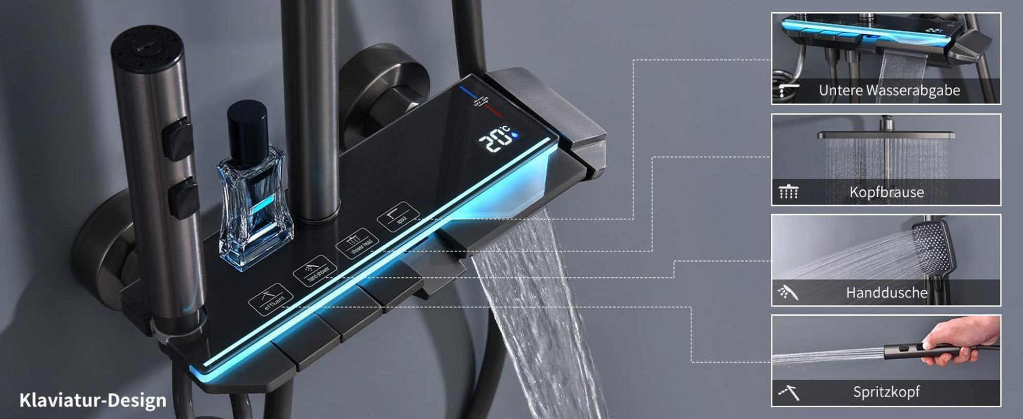 Homelody Duschsystem Messing 4 Wasserausgabe Modi, Duscharmatur Komplettset，Duschset Digitale Temperaturanzeige mit Atmosphärenlicht，Dusche Komplett
