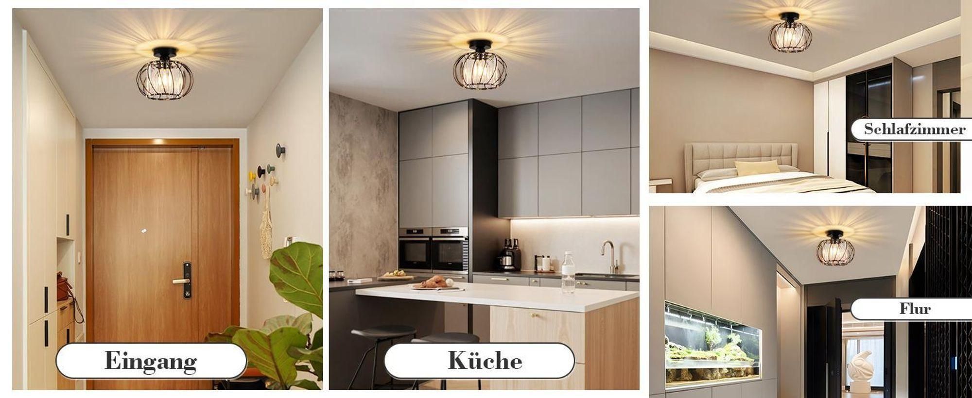ZMH Deckenleuchte Kristall Deckenlampe 25cm Flur Flurlampe Deck Küchenlampe E27 Metall Schwarz Innen Deckenbeleuchtung für Küche Wohnzimmer Hotel