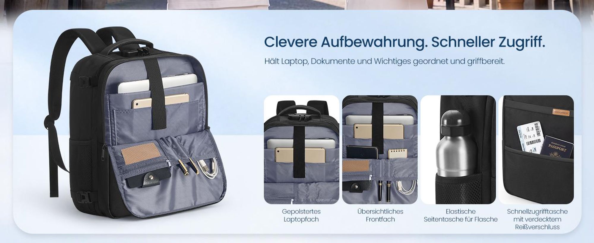 SONGMICS Handgepäck Rucksack für Ryanair, Wasserdichter Reiserucksack mit 15,6 Zoll Laptopfach, 30 L, 45 x 36 x 20 cm, Schwarz