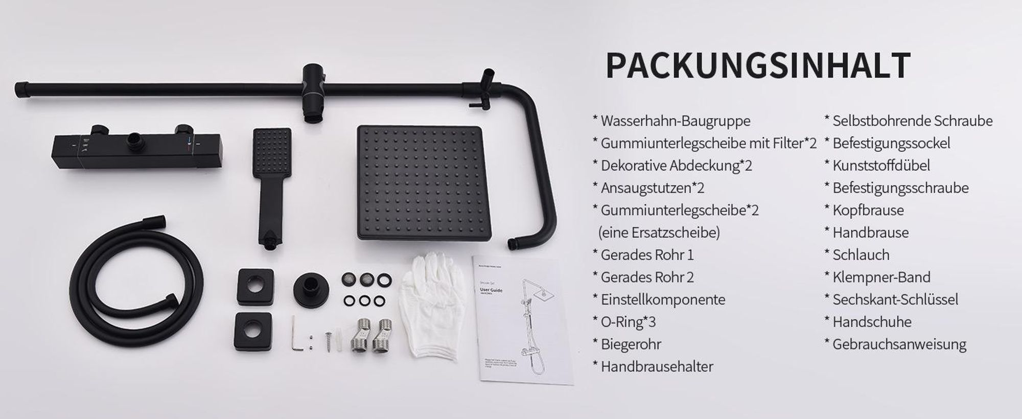 Homelody Duschsystem mit Thermostat Regendusche Regenkopf Runde Duschsäule Duscharmatur 38℃ inkl. Handbrause höhenverstellbar Duschstange Schwarz