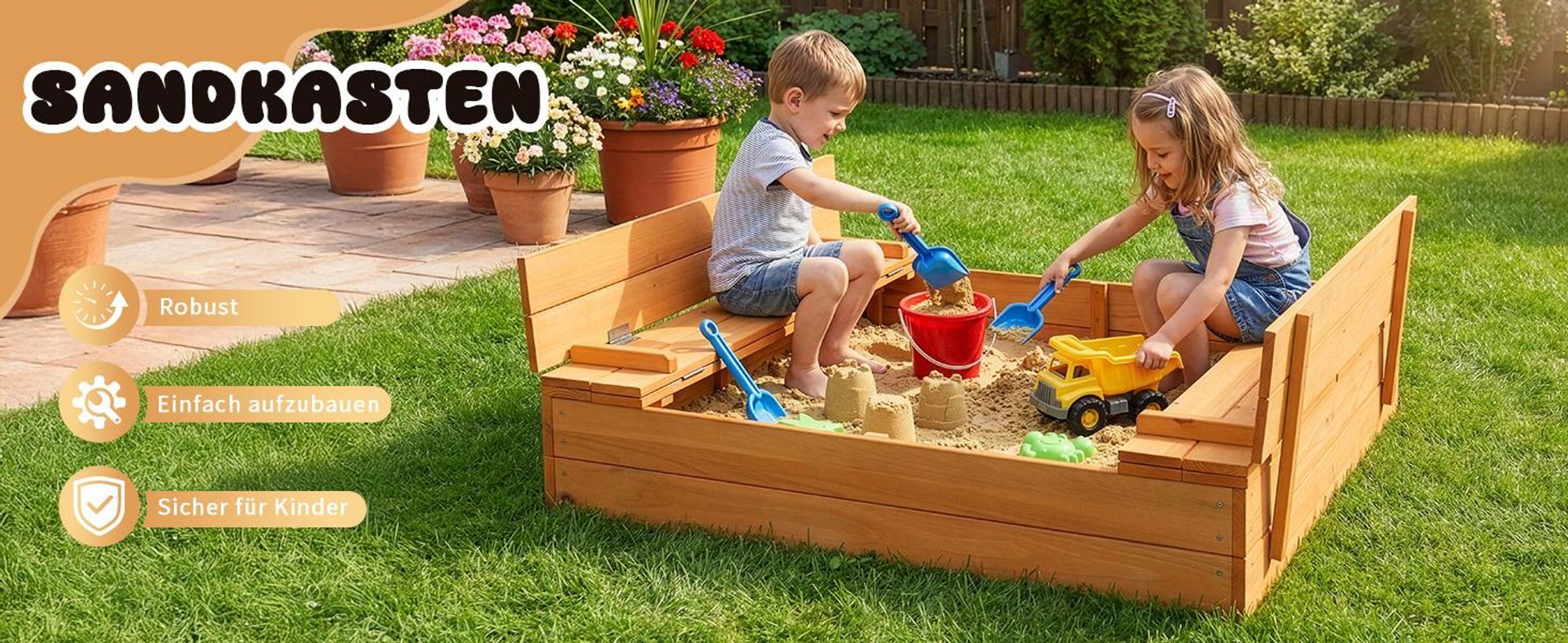 FCH Sandkasten mit Sitzbänken und Deckel 110x110x21cm Gartenspielzeug für Kinder Gartensandkasten