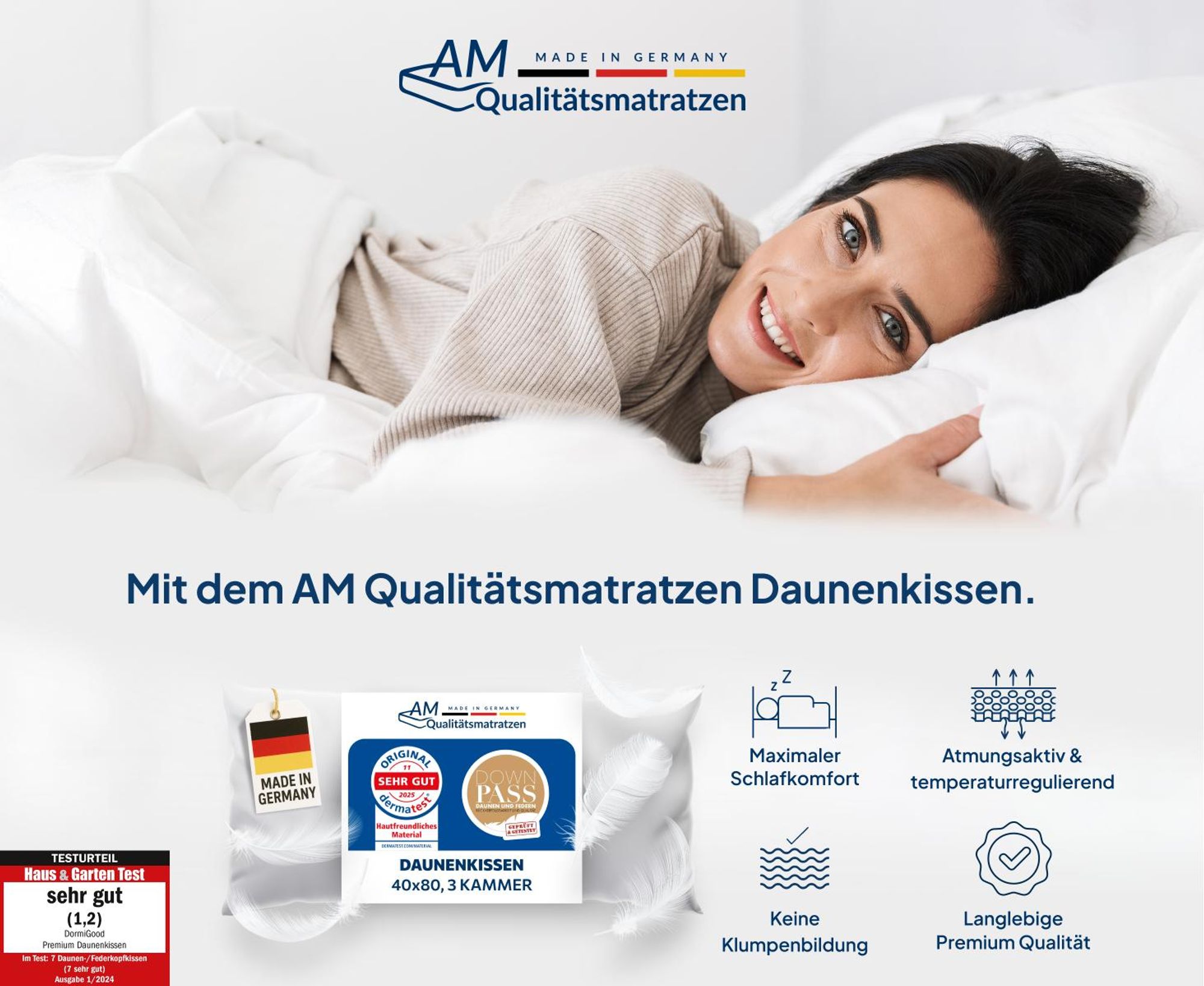 AM Qualitätsmatratzen | Premium 2er Daunenkissenset | 80x80 cm | Daunen | Kissen | 80x80 | Kopfkissen | Allergiker geeignet | Nomite | Downpass