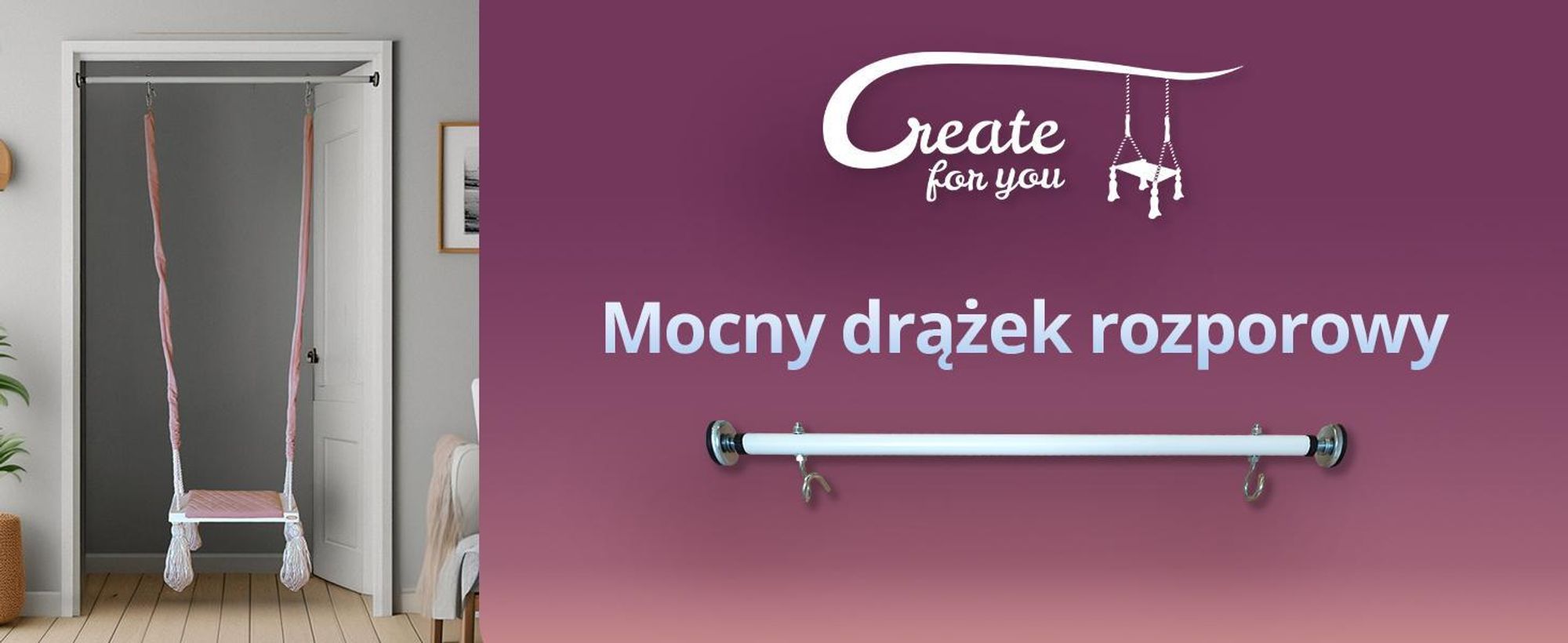 Create for you® - Drążek do Podciągania z Hakiem do Huśtawki Dziecięcej - Sprzęt Fitness do Domu - Montaż bez Wiercenia, do Futryny, z Hakami - 80cm