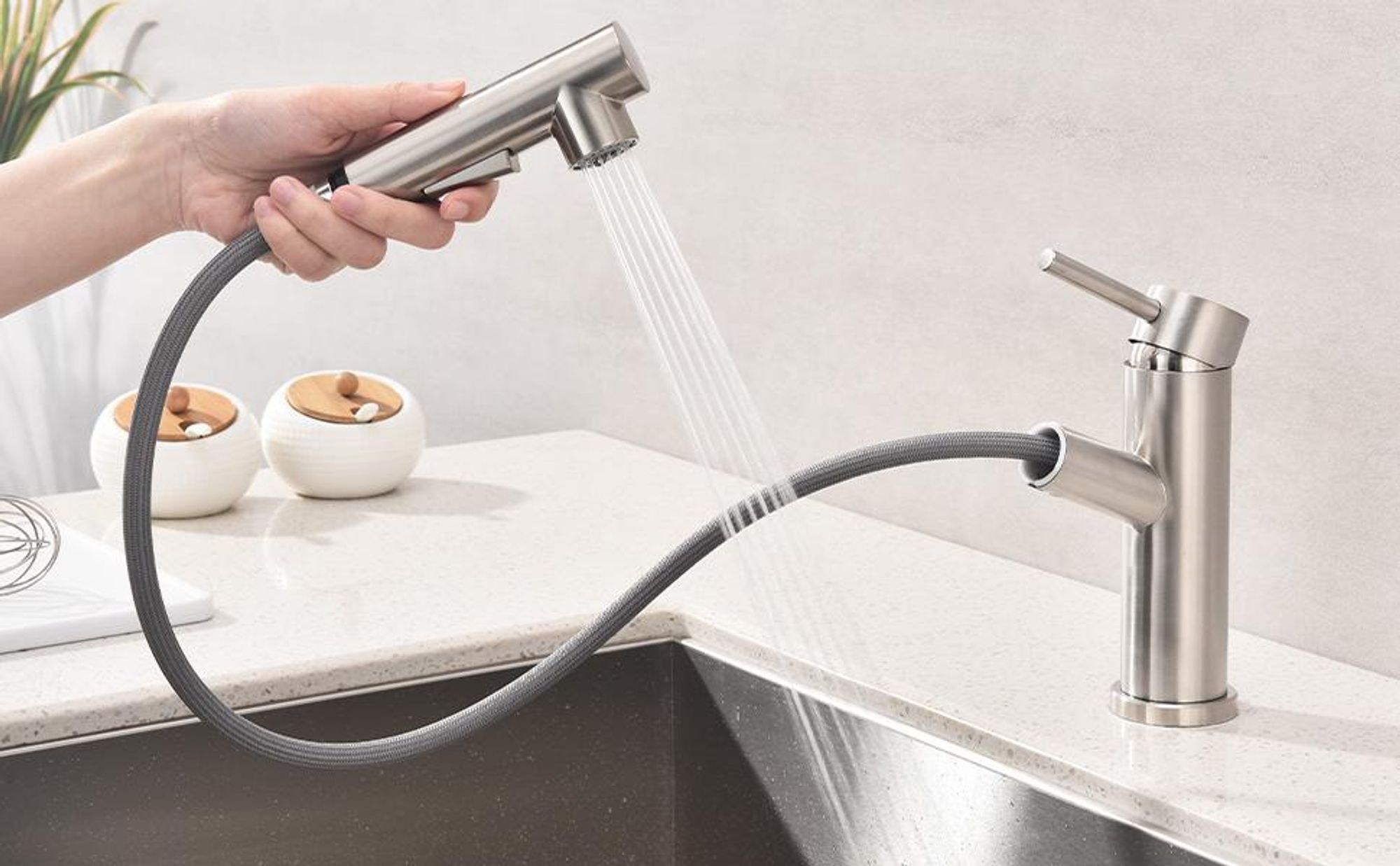 HOMELODY Wasserhahn Küche/Bad Gebürsteter Oberfläche Ausziehbar, Küchenarmatur mit Brause Zwei Wasserstrahlarten, Armatur Küche Spültischarmatur