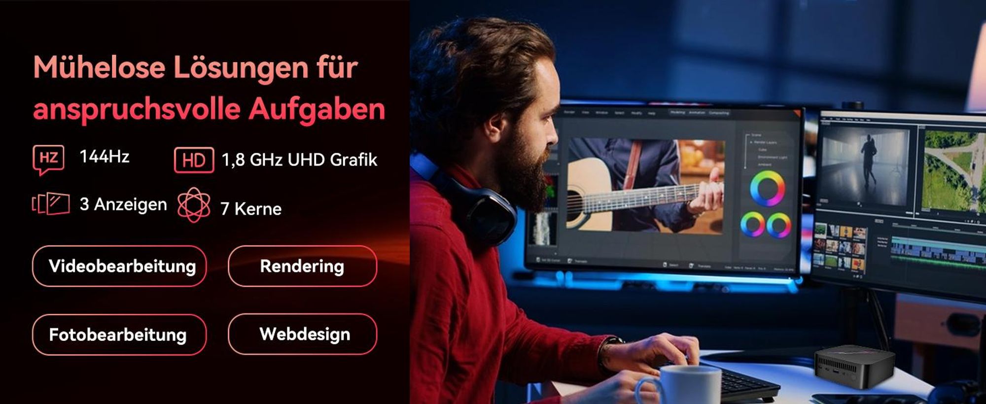 Blackview MP100 Mini PC Gaming AMD Ryzen 5 7430U(6C/12T, bis zu 4.3 GHz), 32GB RAM LPDDR4 1TB NVME PCIe3.0 SSD, WiFi 6/4K UHD/USB 3.2*2/Type C 3.0*2