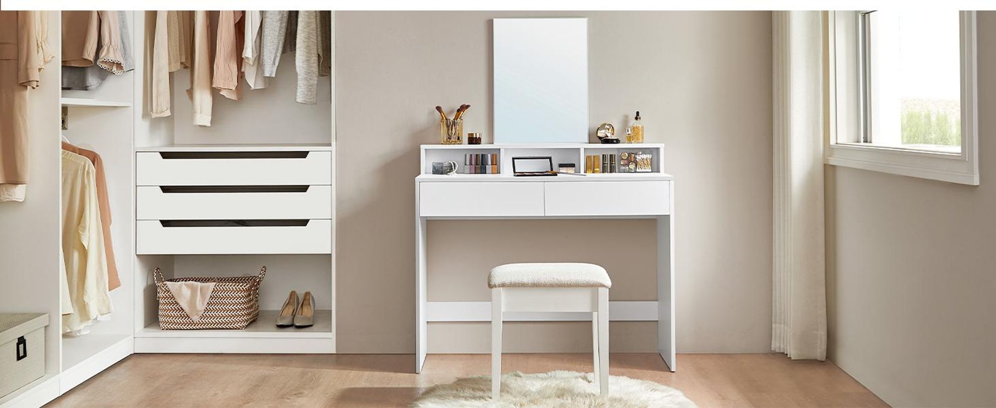 VASAGLE Schminktisch, großem Spiegel, 2 Schubladen, 3 offene Fächer, weiß, Modern