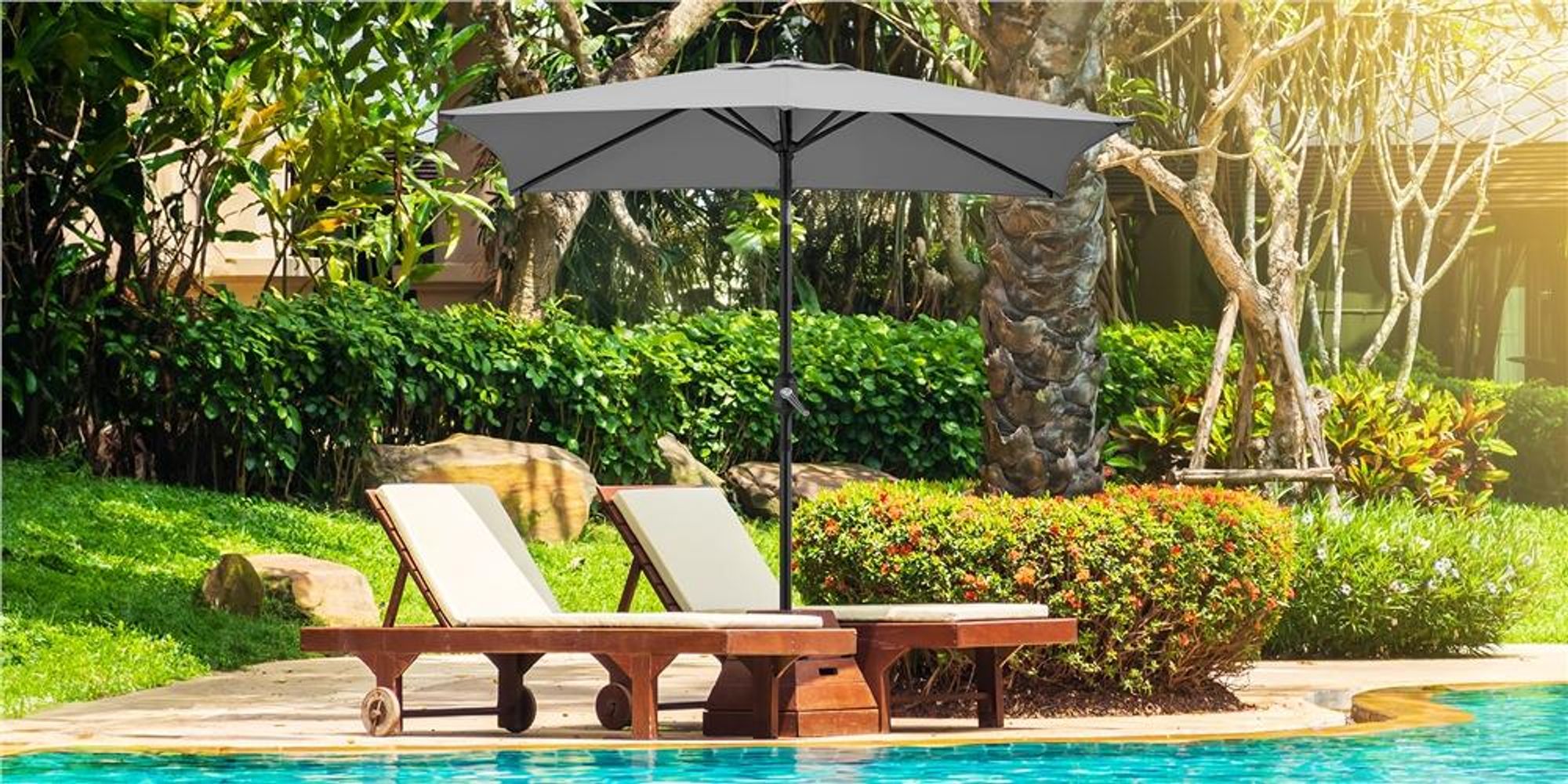 Yaheetech Rechteckiger Sonnenschirm Ø 227 cm, neigbarer Gartenschirm mit 6 Rippen, Terrassenschirm Kurbelschirm, Sonnenschutz, Grau