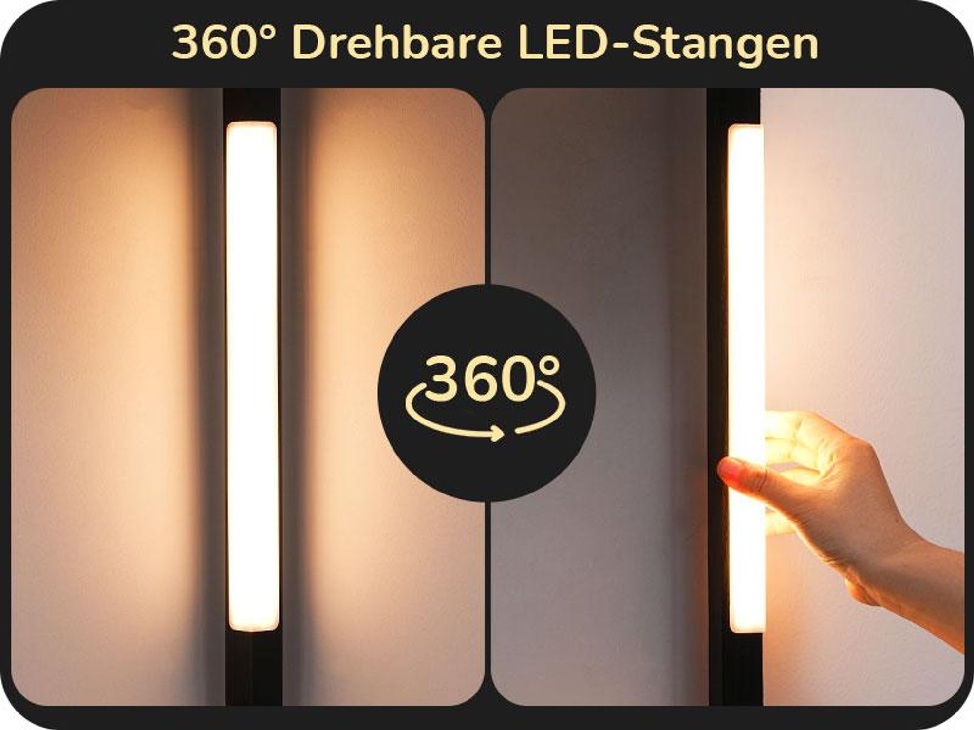EDISHINE Stehlampe Wohnzimmer Holz, Dimmbar Stehlampe mit 4 Regalen aus Glas, 20W 360°drehbare LED-Stangen, Schwarz