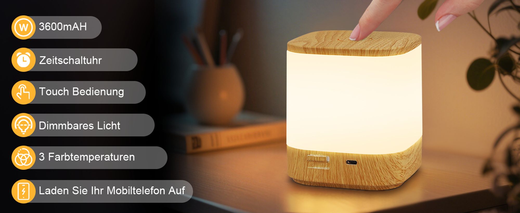ZMH Nachtlicht Kabellos LED Touch Dimmbar Tischlampe Akku mit 3 Farbtemperaturen 3600mAH USB Aufladbar Nachttischlampe Timing Funktion