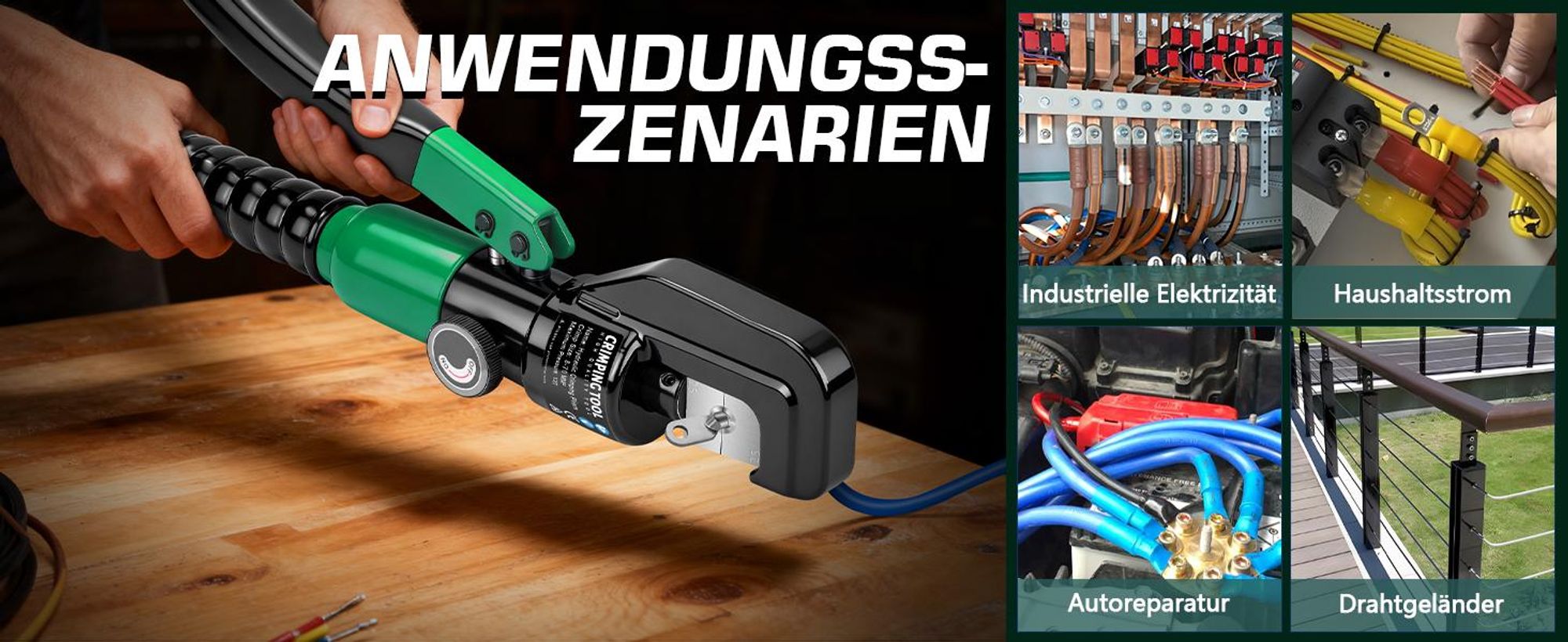 12T/120KN Hydraulische Crimpzange 4–70mm² mit 9 Crimpeinsätzen, Kabelschere und Werkzeugkasten, Drahtmesser für Haushalt, Auto, Industrie, Grün