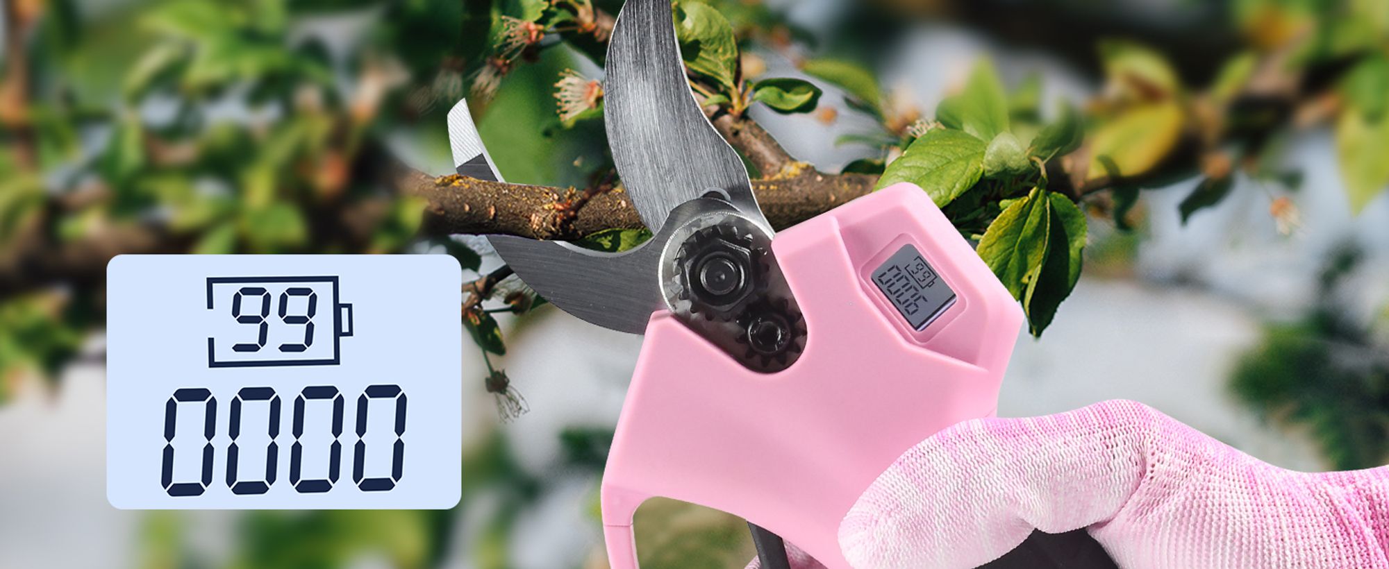Akku Astschere Elektrische Gartenschere,0-30 mm Schnittdurchmesser,Fortschrittliche Digitalanzeige,mit 2 Batterie, 21V Baumschere,Rosa