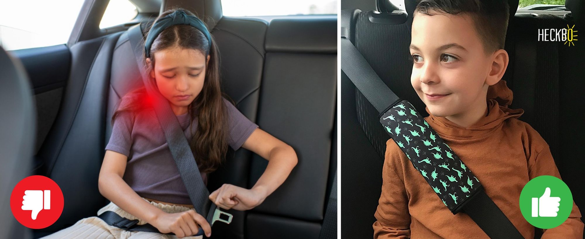 2x HECKBO Auto Gurtschutz Sicherheitsgurt Schulterpolster Schulterkissen Autositze Gurtpolster für Kinder Jungen/Jungs mit Dino Dinosaurier