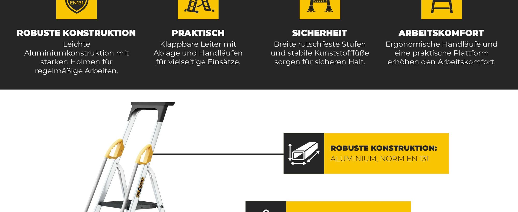Drabest | Leiter - 6 Stufen, Tragfähigkeit 150kg - Leiter mit Handläufen, Alu Leiter, Anti-Rutsch-Füße, Trittleiter, Klappleiter