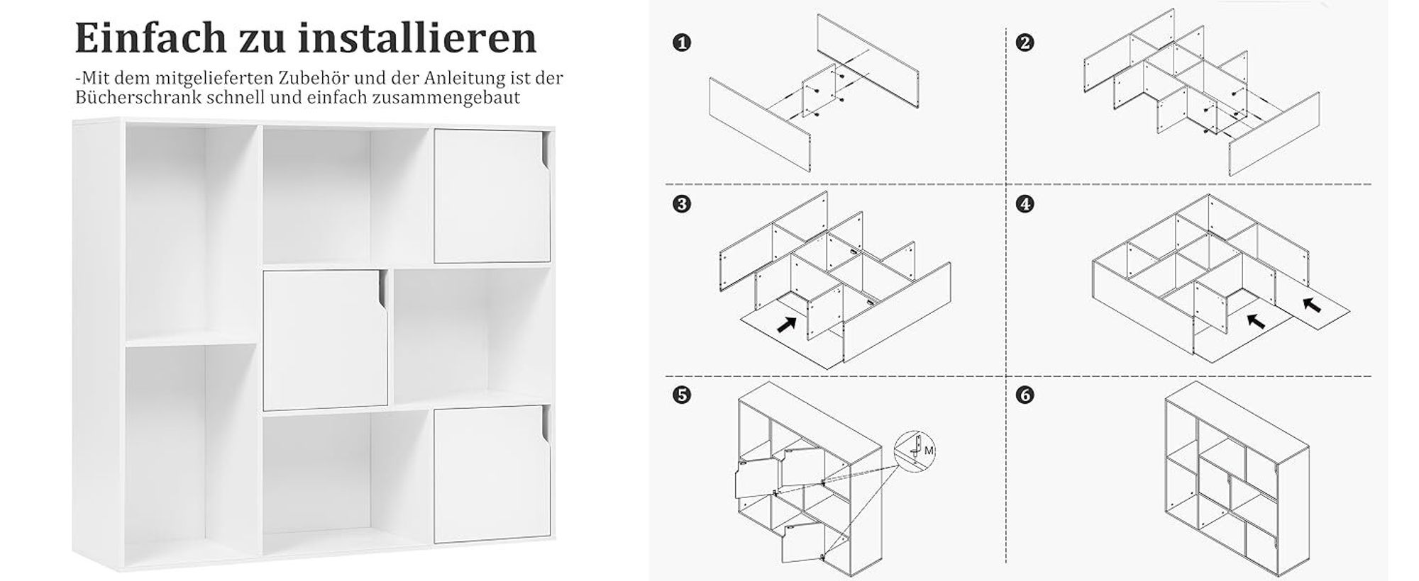 WOLTU Bücherregal mit 8 Fächern, 3 Türen, Aufbewahrungsregal, 106x96x30 cm, Weiß