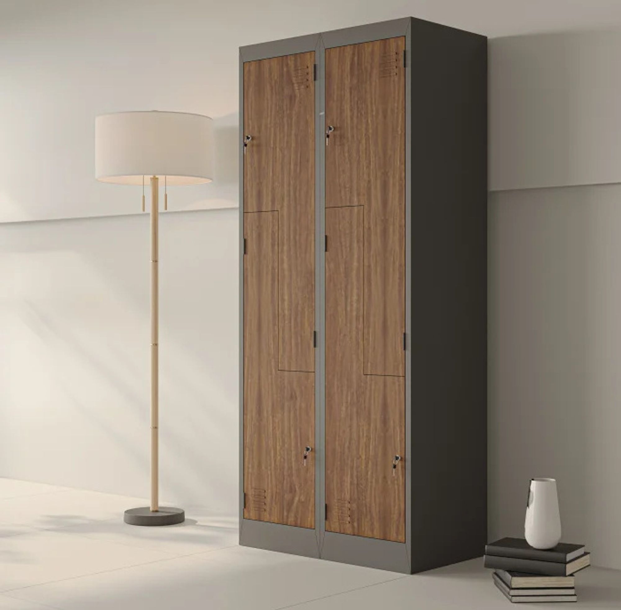 Jan Nowak Umkleideschrank Z02 Spind mit 4 Abteilen Kleiderspind Metallschrank Flügeltür Lüftungsschlitzen Pulverbeschichtung 185 cm x 80 cm x 45 cm, Farbe: Anthrazit-Holzoptik