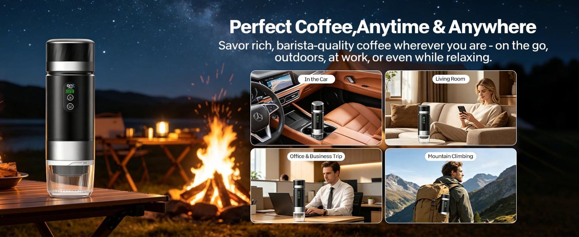 Tragbare Espressomaschine 3-in-1, elektrische Reisekaffeemaschine mit Akku, 12V, kompatibel mit Kapseln und gemahlenem Kaffee, Schwarz