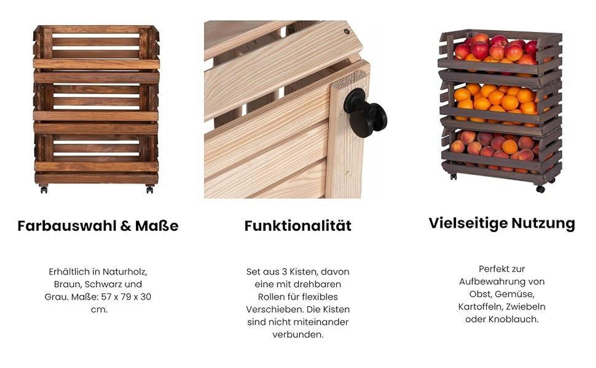STOLMAK Braun Obstkiste aus Holz mit Rollen – 3 Etagen – 57x79x30 cm – Aufbewahrung für Obst & Gemüse – Stapelbar – Holzkiste Regal mit Körben