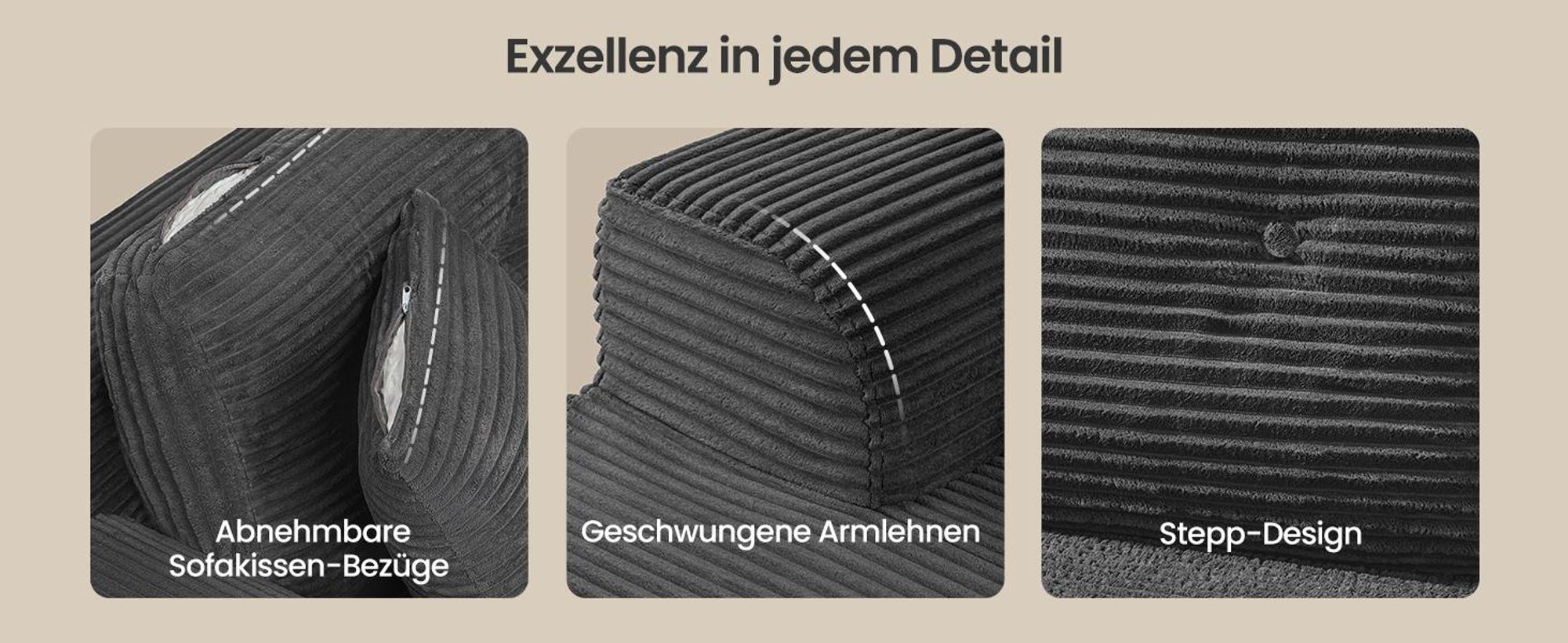 Modulares Sofa, Ecksofa mit Liege rechts, 244 cm breit, vakuumverpackt, keine Montage erforderlich, grau