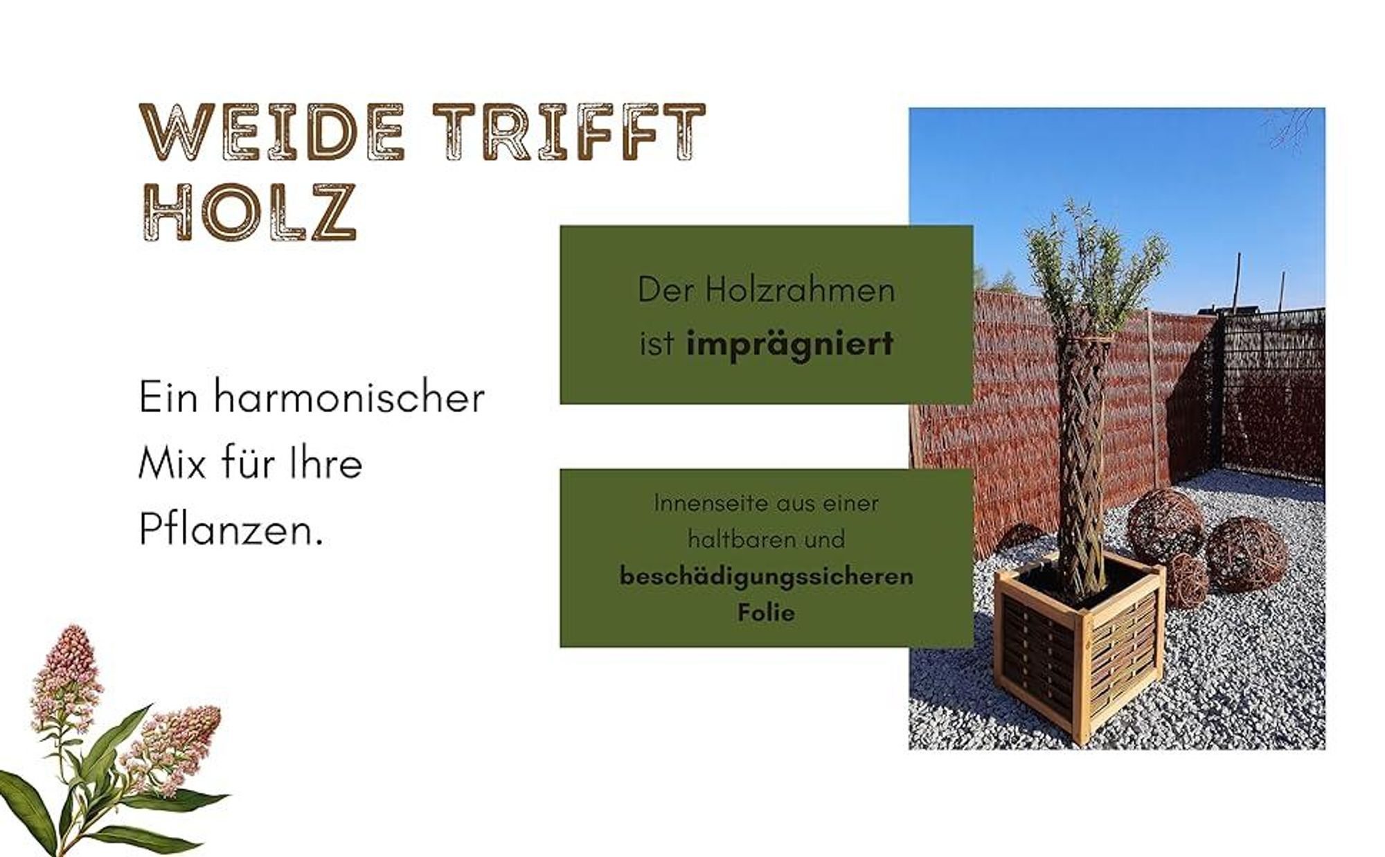 Blumentopf Rechteckig aus Weide und Holz - Pflanzgefäß für Garten 49 cm Blumentopf 65 Liter Blumenkasten