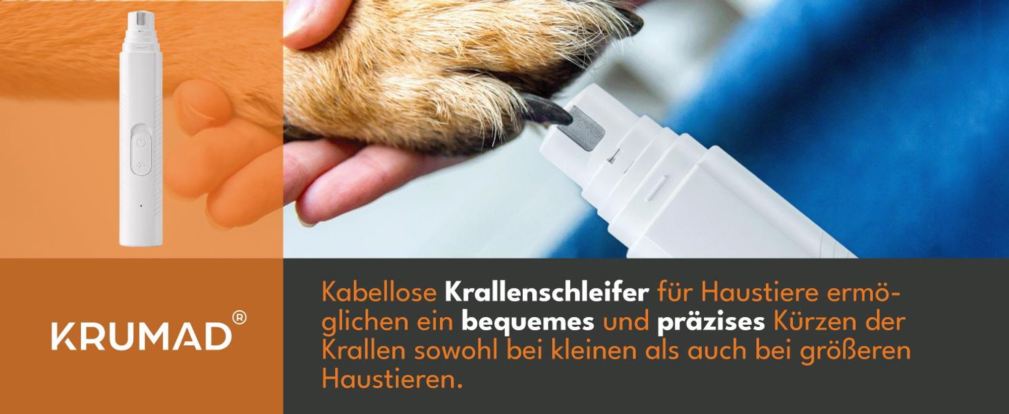 KRUMAD Krallenschleifer für Hunde und Katzen, Elektrische Krallenfeile mit 7500 U/min, USB-C Akku, LED Tierpflege Gerät mit Metallschleifrad