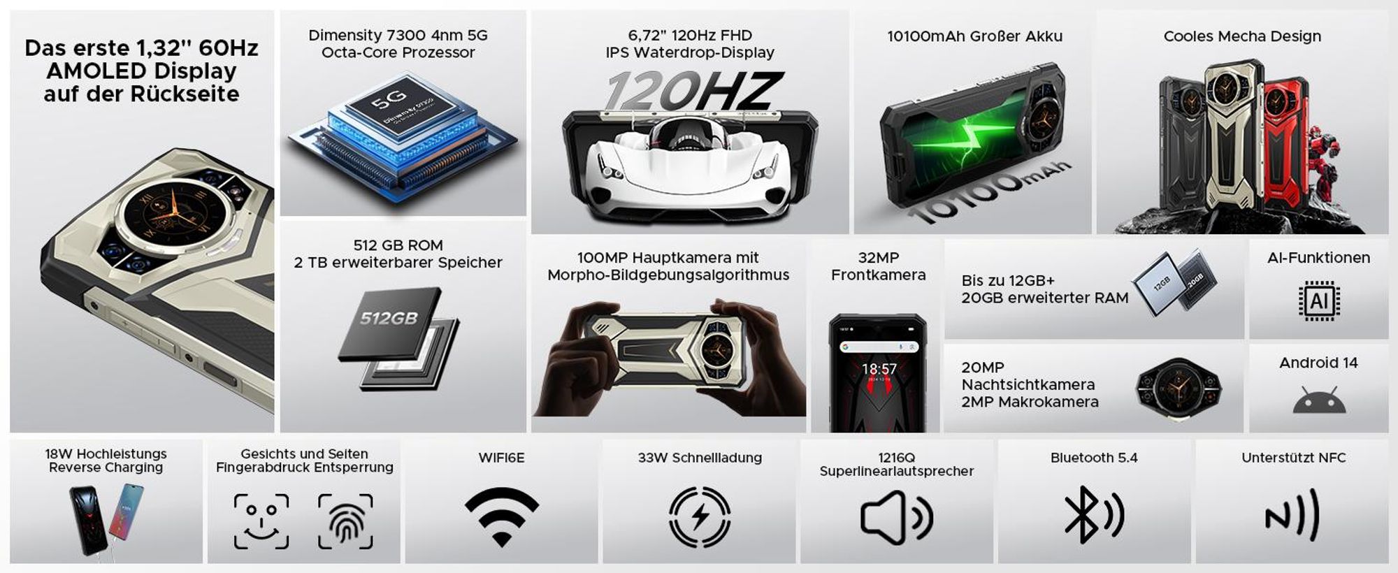 Doogee S200 Plus, 17,1 cm (6.72"), 12 GB, 512 GB, 100 MP, Android 14, Gold