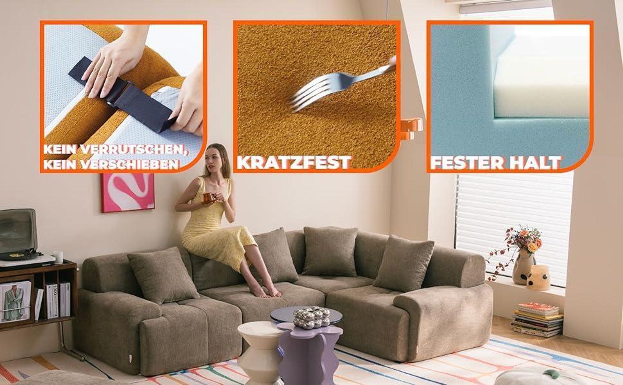 MILYSOFA SOFAMOUS 4-Sitzer-Modul-Ecksofa mit Chaiselongue, sandbeiger Chenille-Stoff