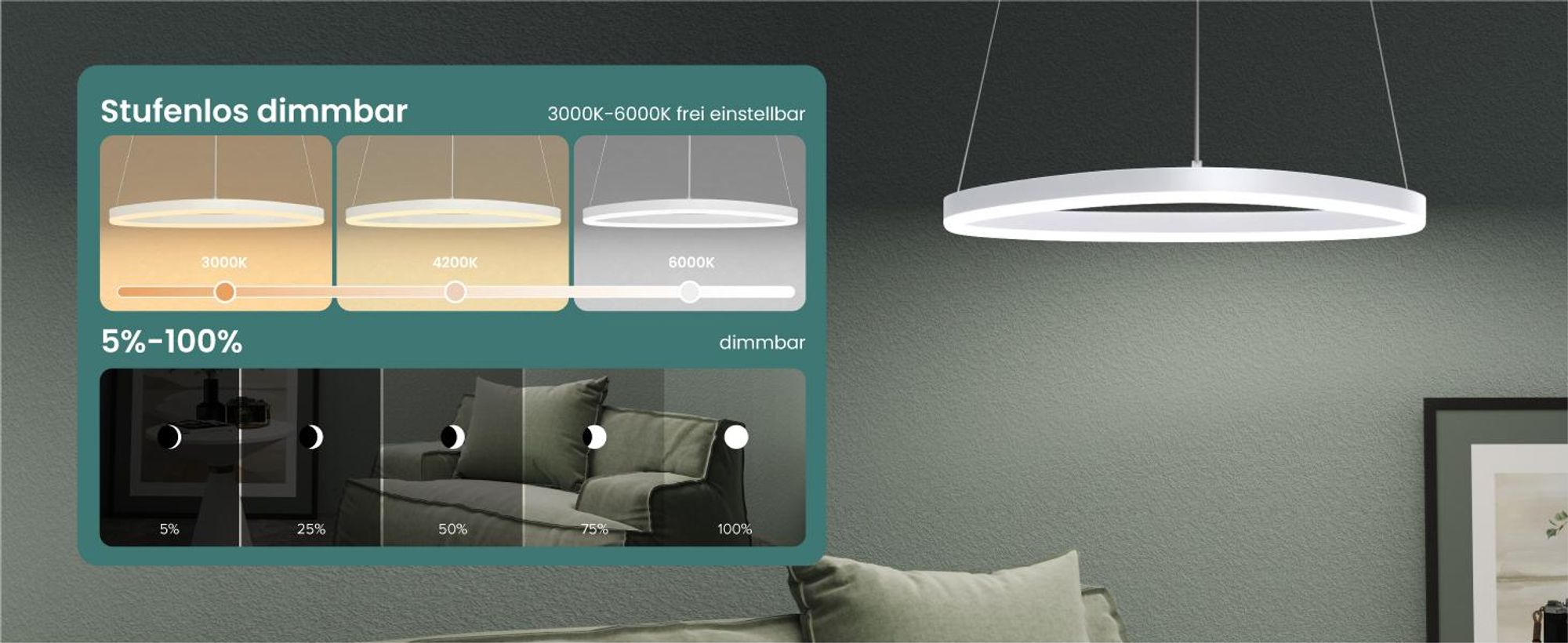 Mai & Mai Pendelleuchte 50cm LED Hängelampe Dynamisches Wellendesign 3000K/4000K/6000K Verstellbares Kabel 15W Schwarz Hängeleuchte Luvina06