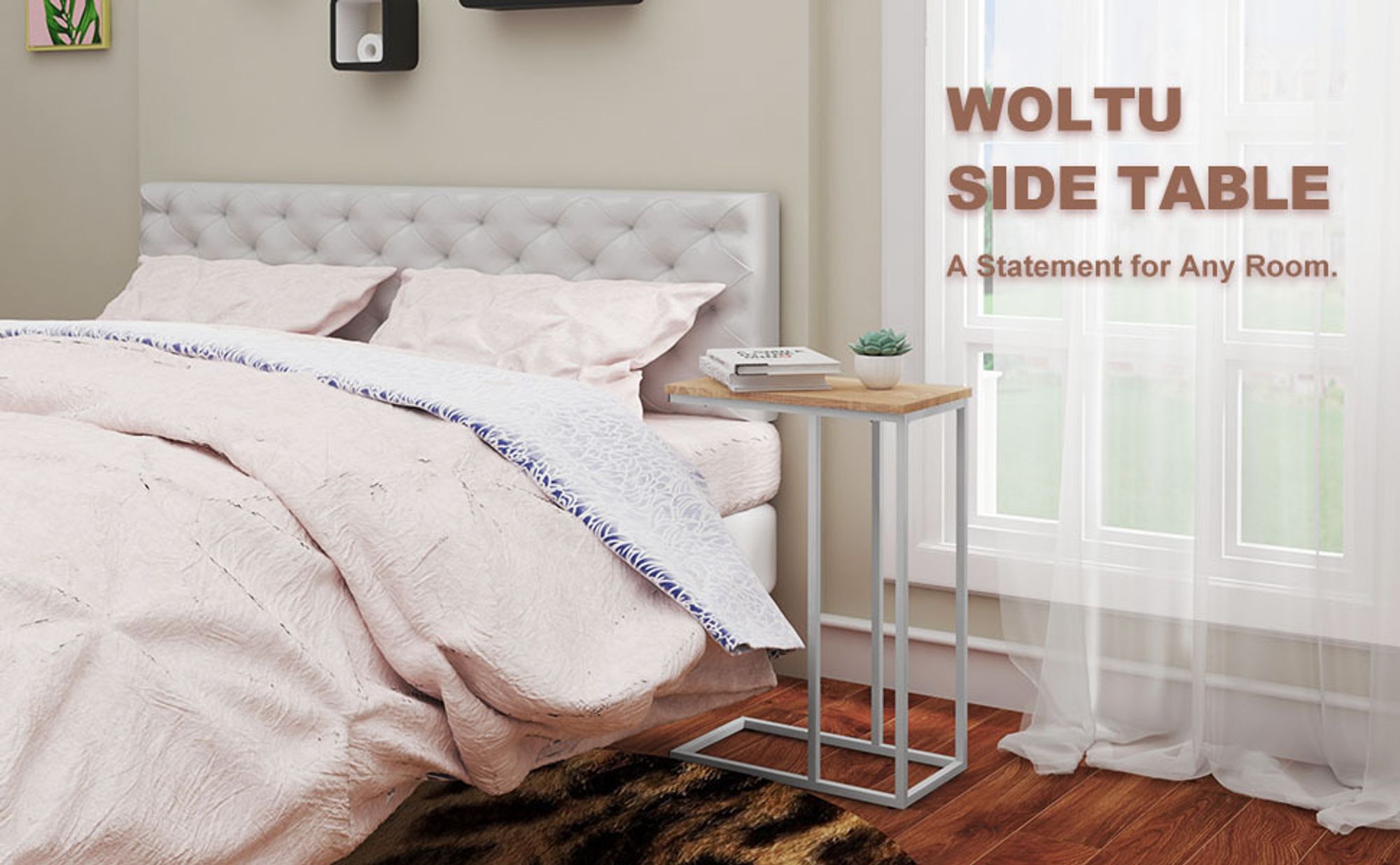 WOLTU Beistelltisch Kaffeetisch Nachttisch, Gestell aus Metall, Tischplatte aus Holz : Hell Eiche Farbe: Hell Eiche