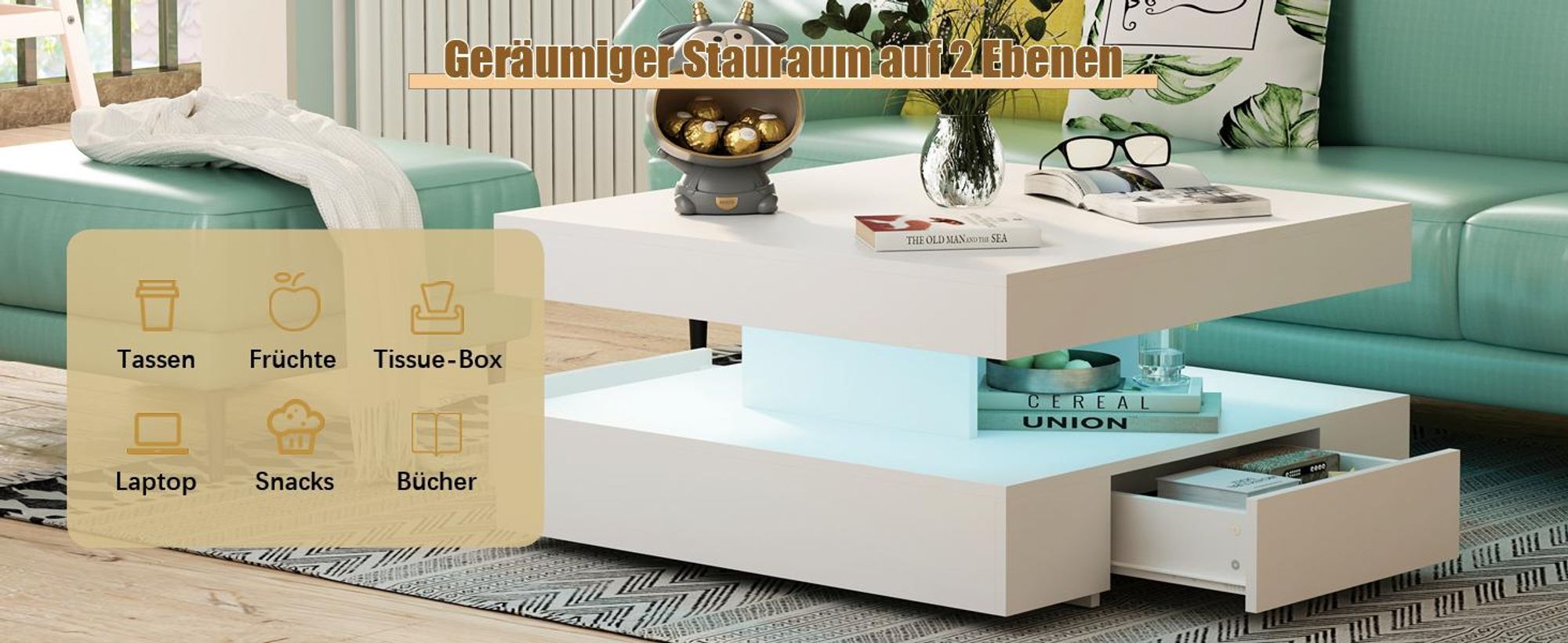 Radelldar Wohnzimmertisch mit 2 Schubladen, mit LED und Verstecktem Stauraum, matt 78x78x40cm, Weiß