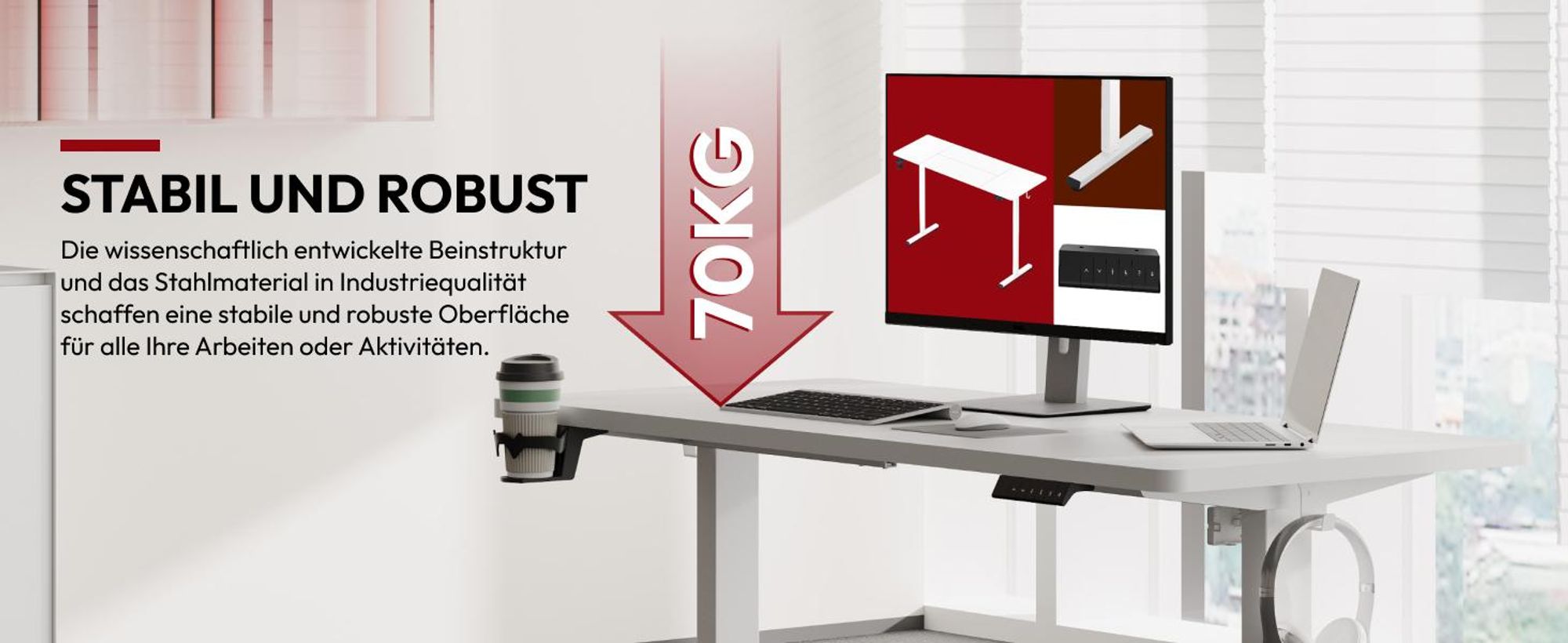 SANODESK Höhenverstellbarer Schreibtisch 160x60cm elektrisch 4 Memory-Funktion, Antikollisionsschutz, 70kg Tragkraft, mit Haken und Ablagebox (Weiß)