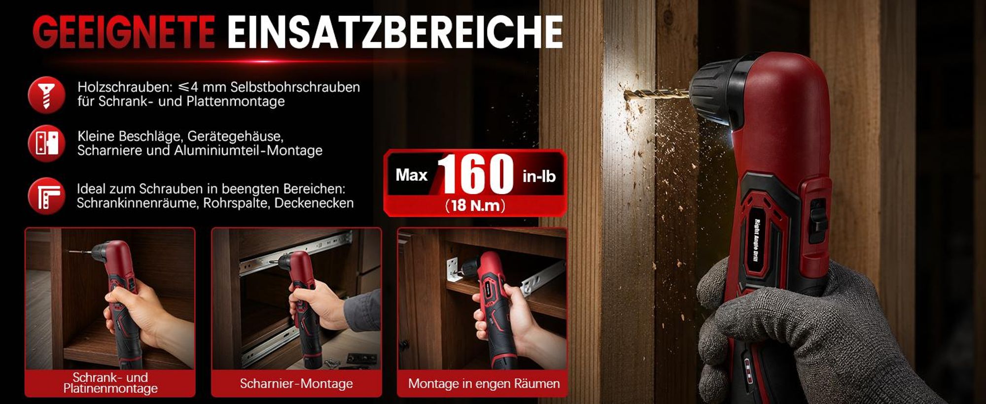 Akku Winkelbohrmaschine Winkelbohrer 12V, 90° Winkelkopf für Enge Bereiche, 18 N·m, 10mm Spannfutter, 2-Gang-Getriebe, LED-Licht, inkl. 13 Bohrbits
