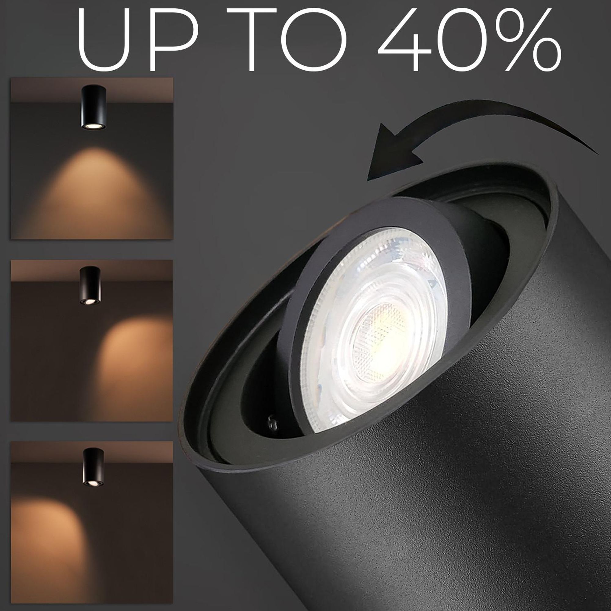 Deckenaufbauleuchte mit GU10 Fassung für LED & Halogen Leuchtmittel bis 40W Aufputz Schwenkbar Aluminium Schwarz, 1 Stück Rund