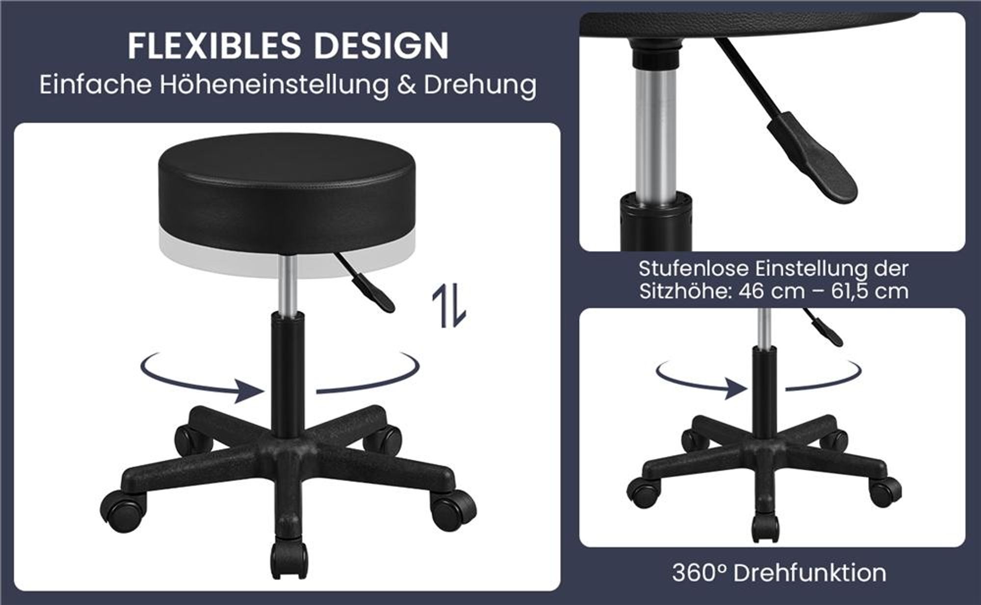 Yaheetech Rollhocker Drehhocker, höhenverstellbarer Arbeitshocker, Drehstuhl mit Rollen, Praxishocker Kosmetikhocker, bis 150 kg, Schwarz