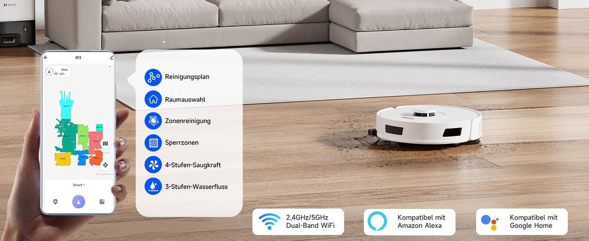 Staubsauger Roboter R11 mit 20000Pa Saugkraft, Wischfunktion, 200min Laufzeit, LDS-Navigation, All-in-1-Entleerungsstation und Anti-Wickel-Bürste