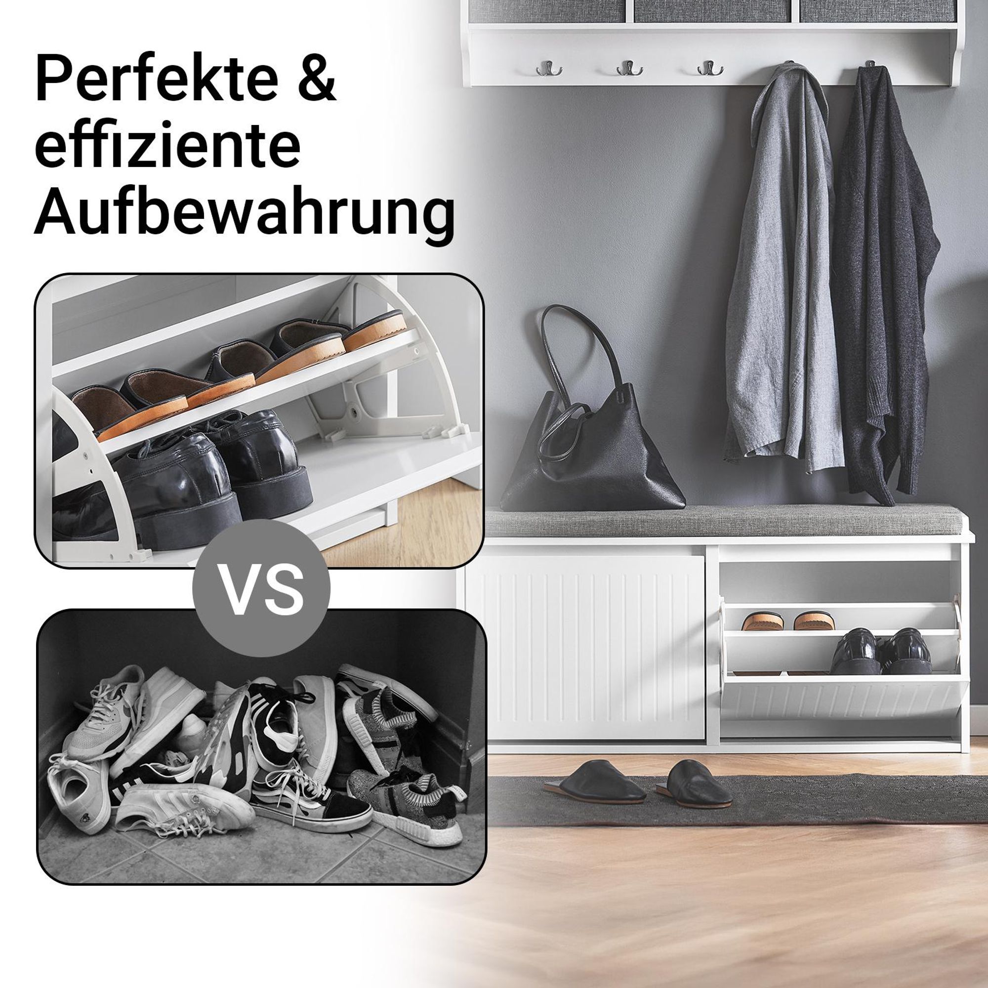 SoBuy Schuhbank mit Sitzkissen und Stauraum Sitzbank für Flur mit verstecktem Fach platzsparende Schuhbank Weiß für Eingang und Wohnbereich FSR98-XL-W