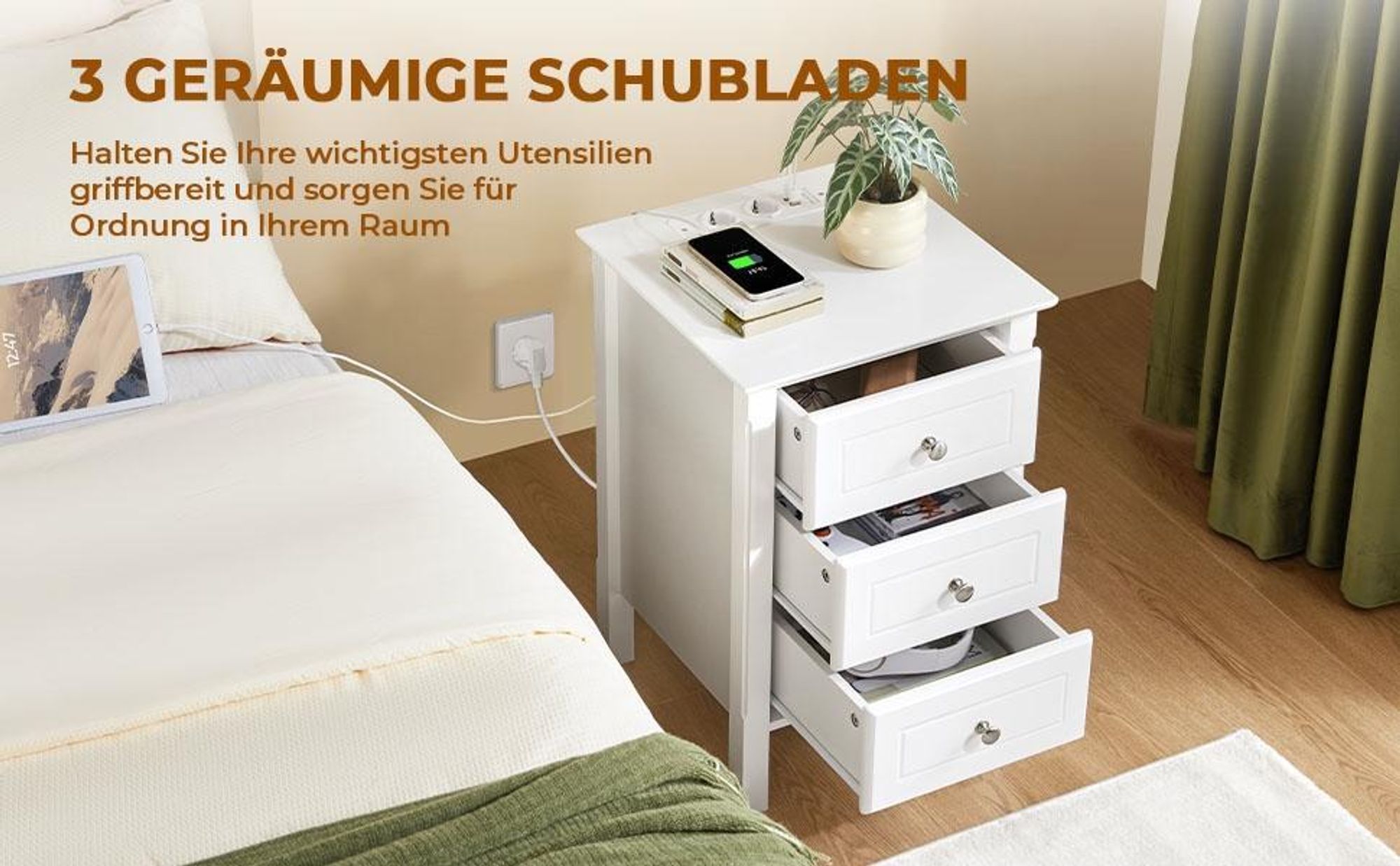 Yaheetech 2er Set Nachttisch mit Steckdose & USB, 3 Schubladen Beistelltisch mit 2 AC- und 2 USB-Anschlüssen, Weiß
