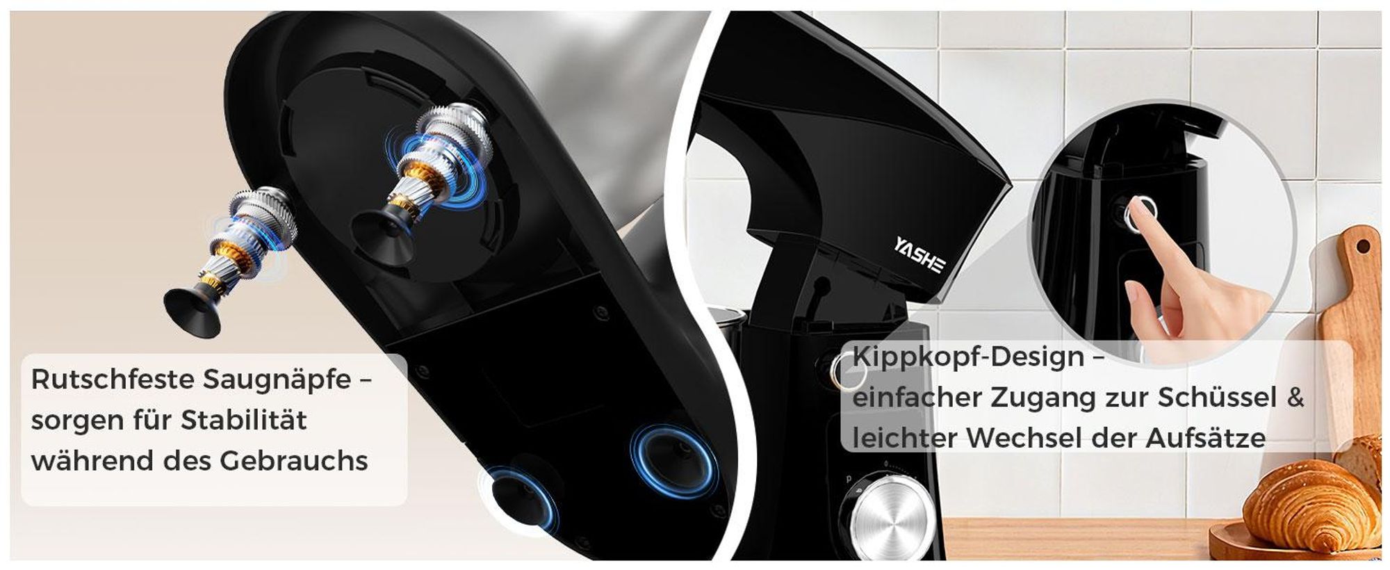 YASHE 1500W Küchenmaschine Knetmaschine mit 4,5+5L Edelstahlschüsseln