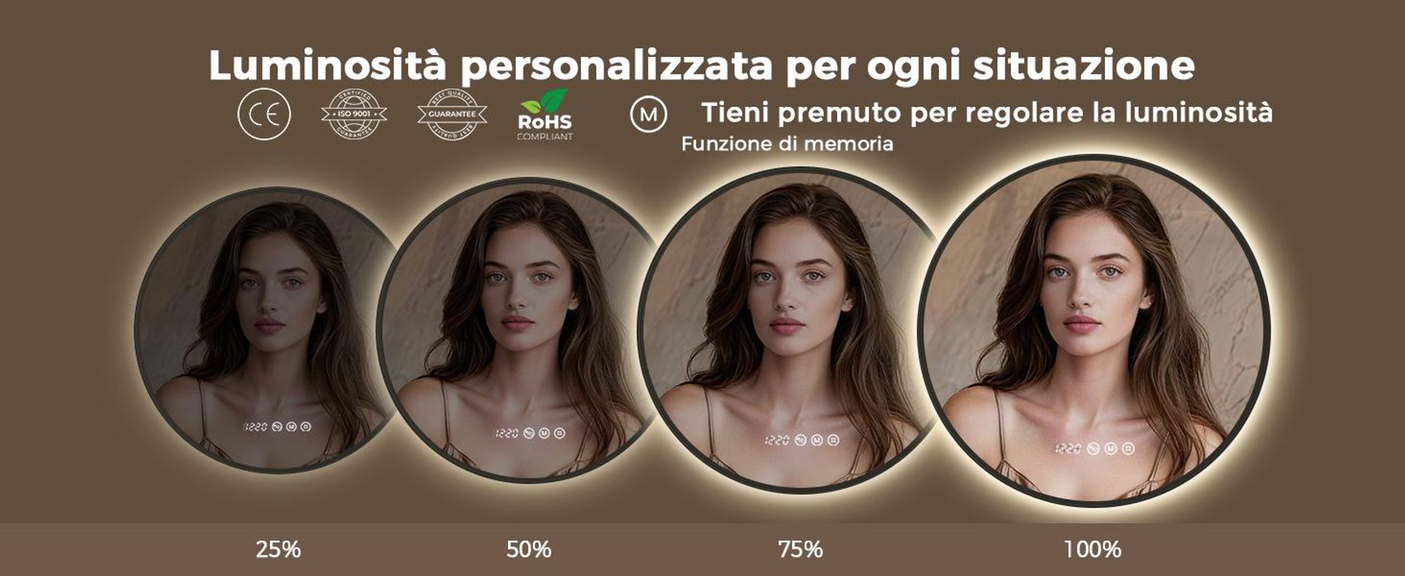 S'AFIELINA Specchio da bagno LED Rotondo 70cm, touch, antiappannamento, dimmerabile, orologio, temperatura, memoria, Nero