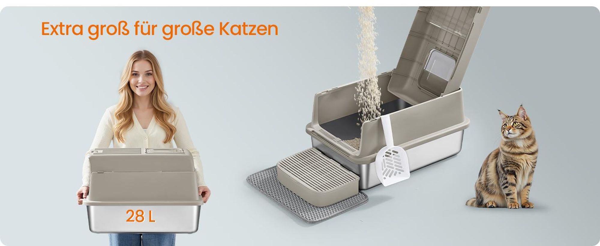 FEANDREA Katzenklo PP-Kunststoff, Edelstahl, Katzentoilette mit Deckel, Schaufel, Katzenstreumatte und 2 Eingängen, kaffeebraun