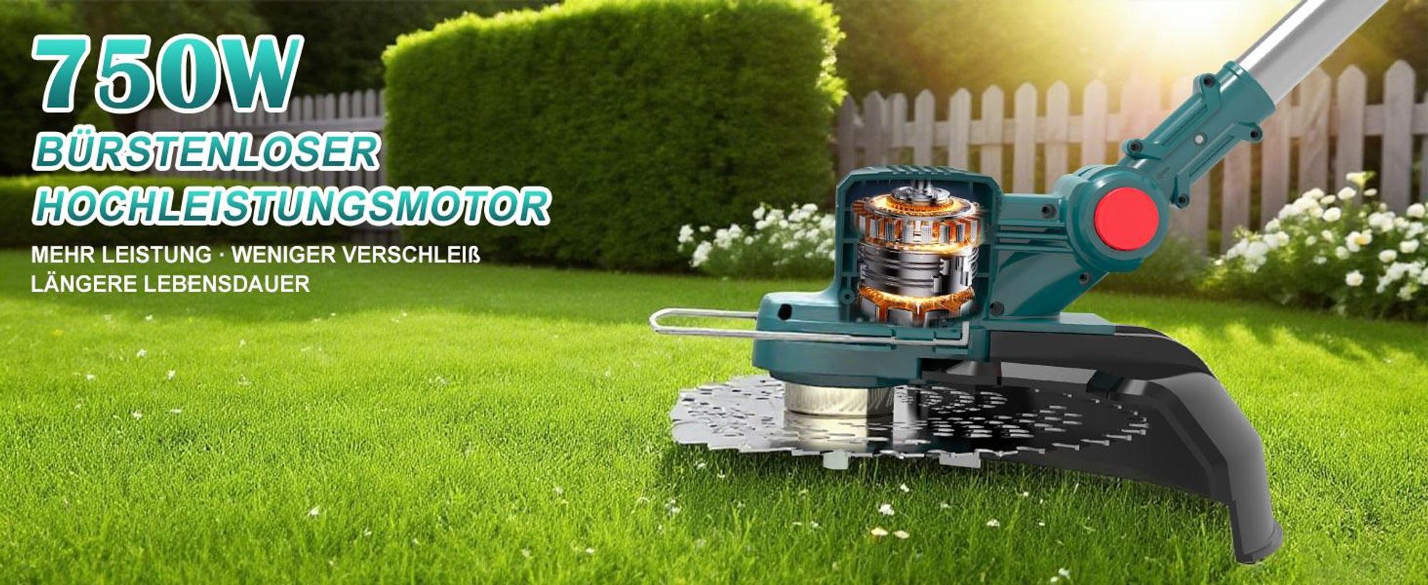 750W Akku Rasentrimmer mit 2x 4000mAh Akkus, Höhenverstellbar, Leichtgewicht, Freischneider mit Unkrautbürste, Sägeblatt, Kunststoff & Metallklingen