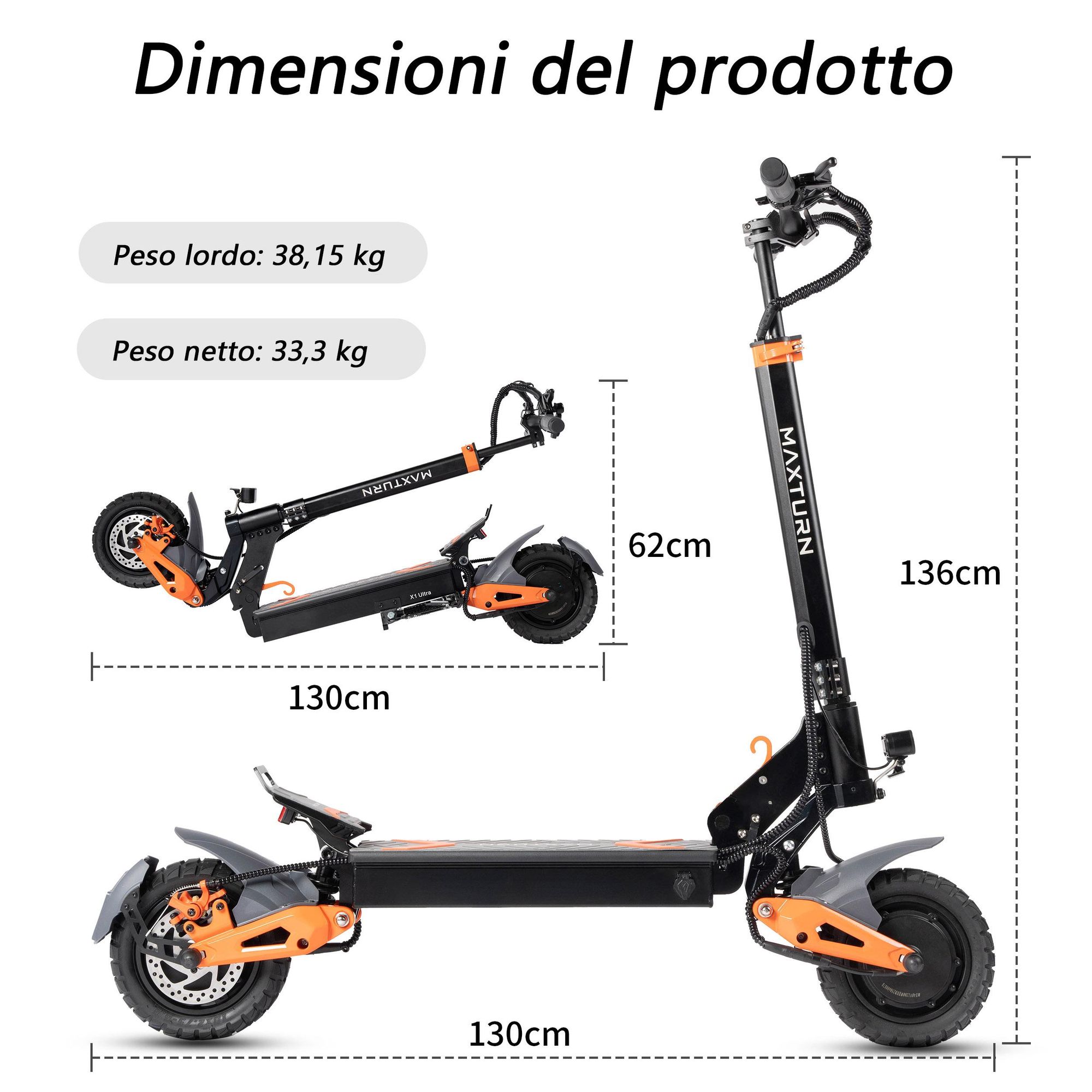 Monopattino Elettrico MAXTURN X1 Ultra - 48V20.8Ah 10'' Scooter Elettrico Telaio Alluminio - Nero