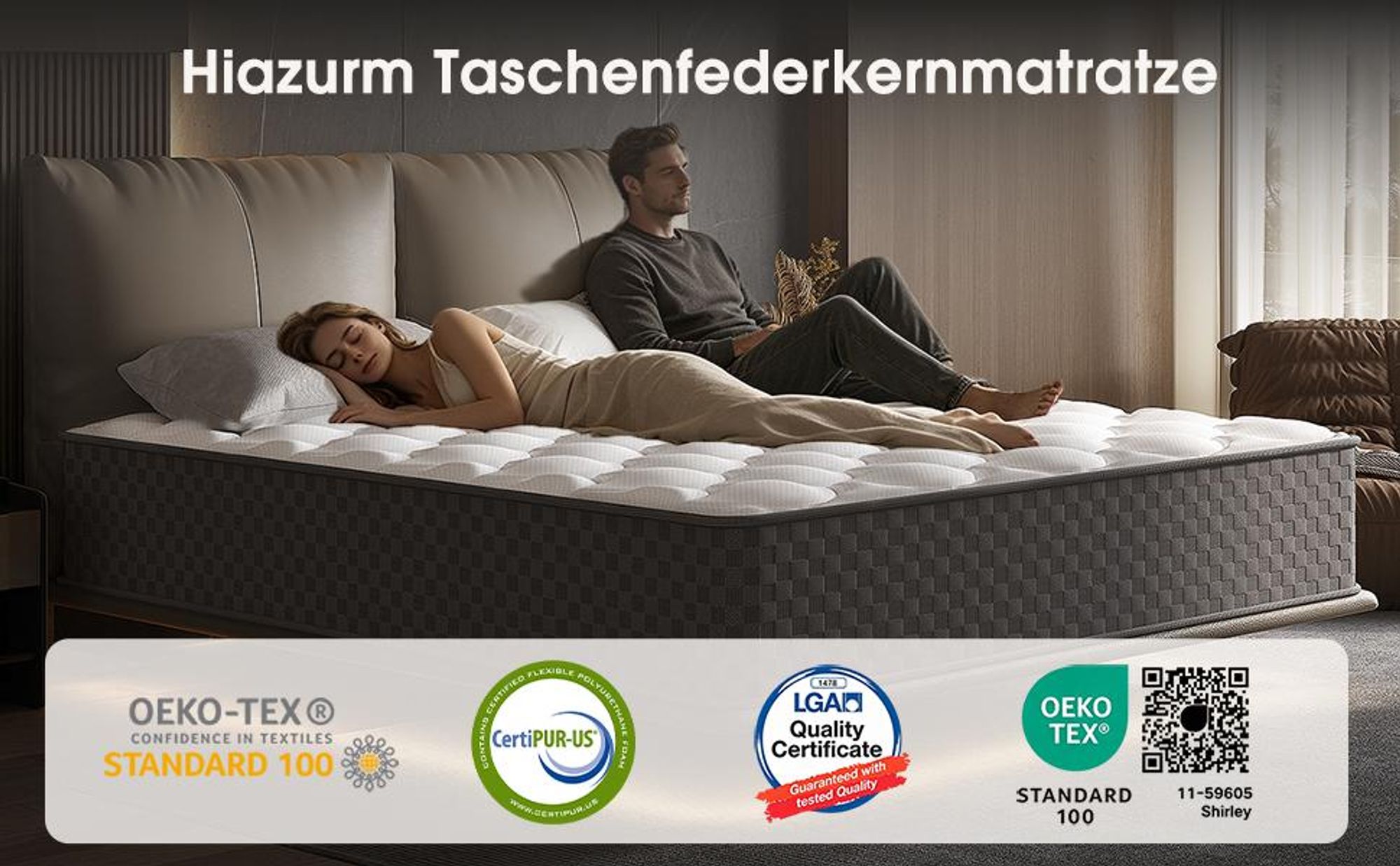 Hiazurm Matratze 90x190, 7-Zonen Federkernmatratze mit Spannbettlaken, Höhe 22cm, Taschenfederkernmatratze, Premium Taschenfederkern,H3
