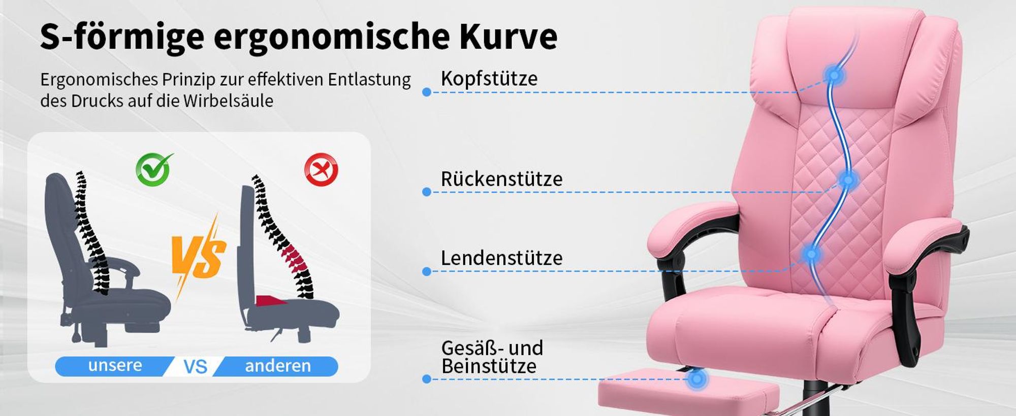 HOFFREE Massage-Bürostuhl mit Wärme & 7 Vibrationspunkten, 180° neigbar, Fußstütze, 200 kg Tragkraft, Chefsessel für große Personen, Pink
